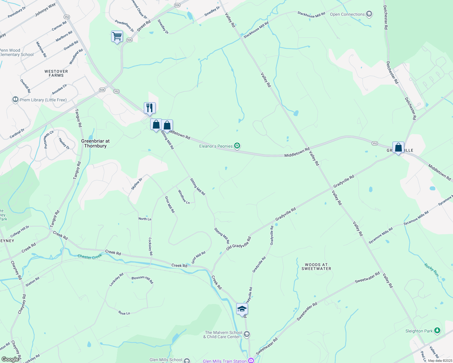 map of restaurants, bars, coffee shops, grocery stores, and more near 1608 Meadow Ln in Glen Mills