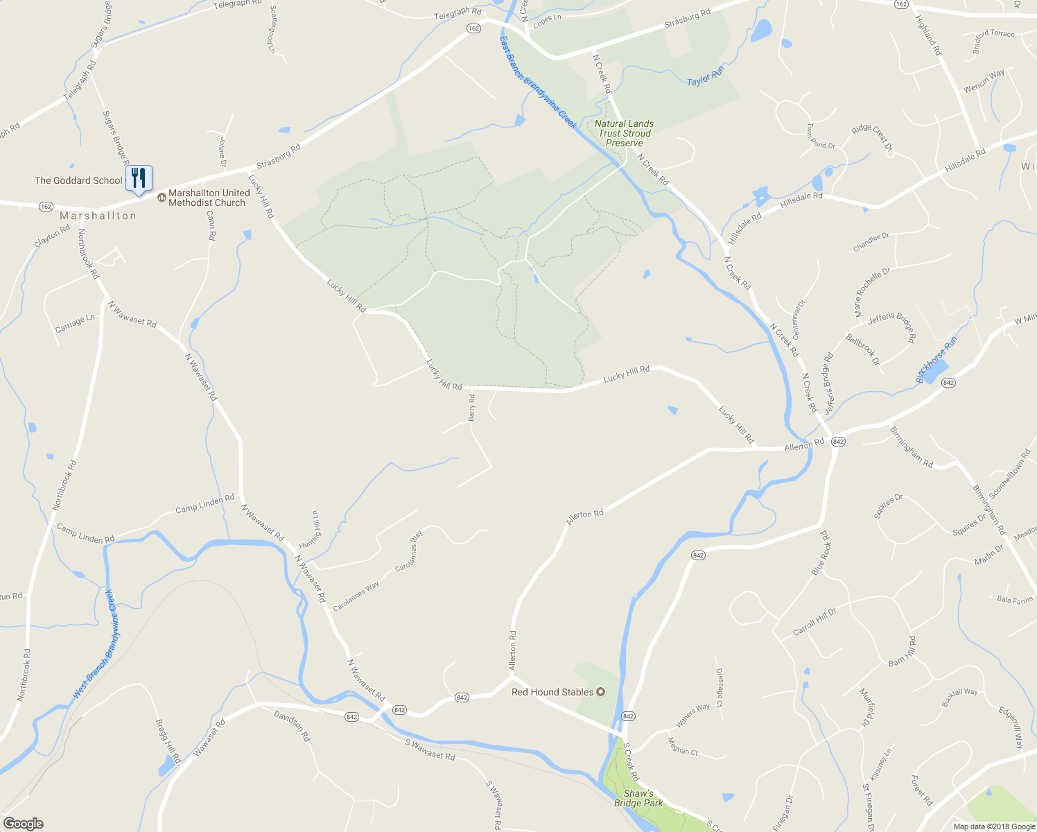 map of restaurants, bars, coffee shops, grocery stores, and more near 276 Lucky Hill Road in West Chester