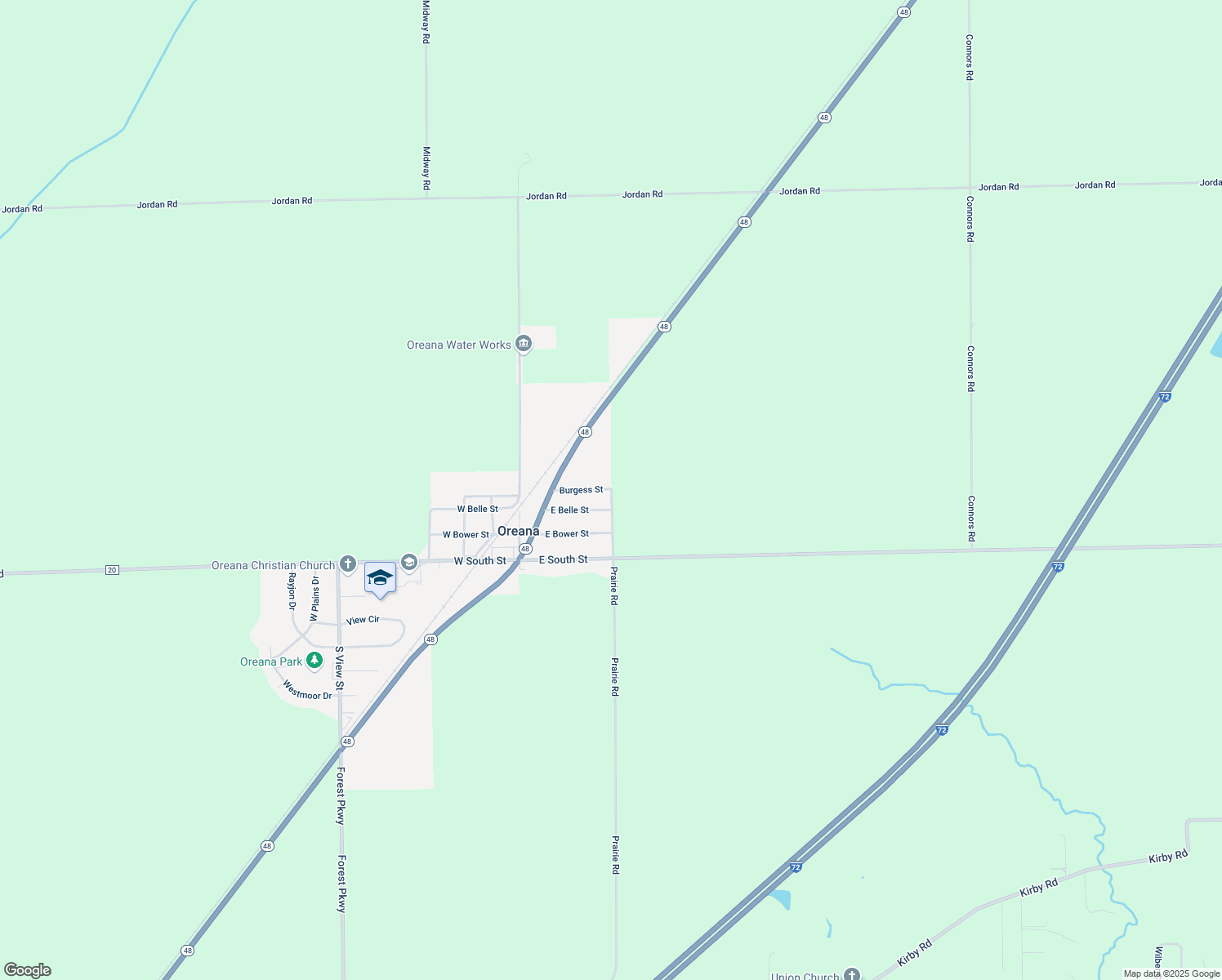 map of restaurants, bars, coffee shops, grocery stores, and more near 125 Burgess St in Oreana