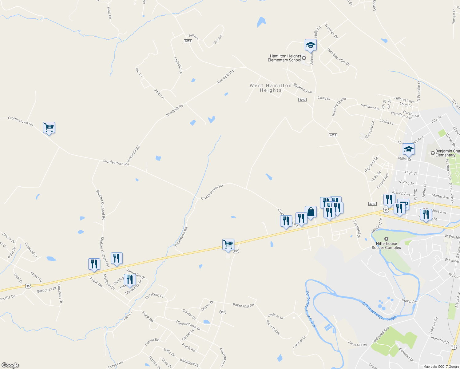 map of restaurants, bars, coffee shops, grocery stores, and more near 1634 Crottlestown Road in Chambersburg