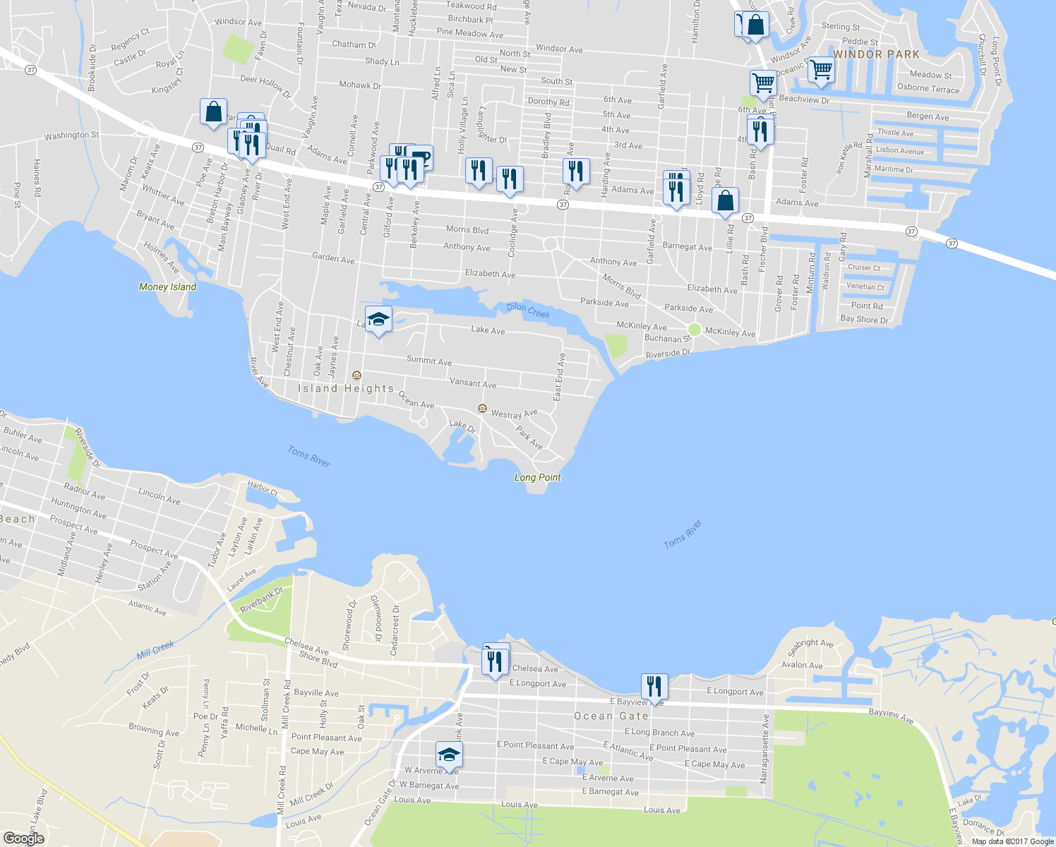 map of restaurants, bars, coffee shops, grocery stores, and more near 13 Fletcher Place in Island Heights