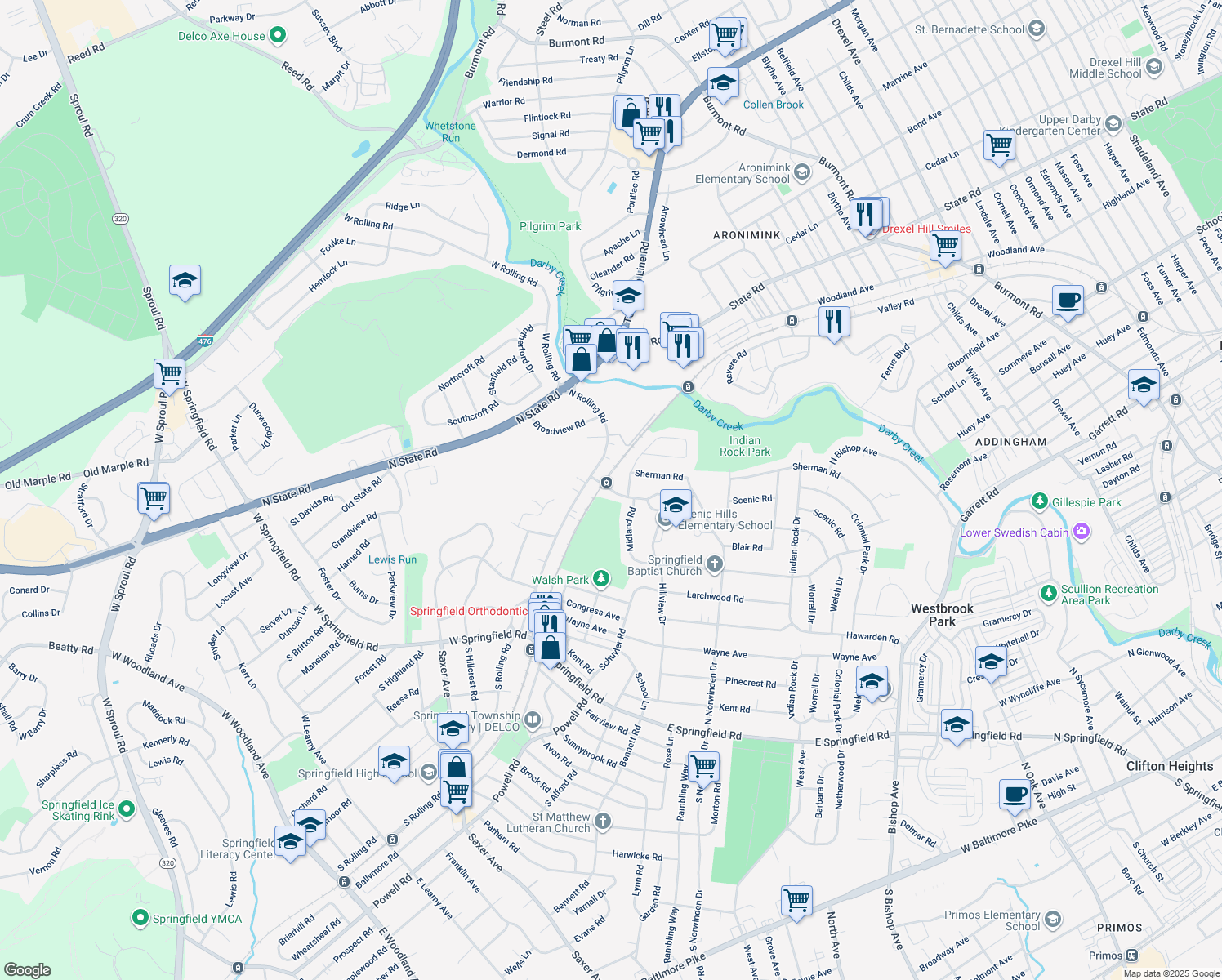 map of restaurants, bars, coffee shops, grocery stores, and more near 12 Scenic Rd in Springfield