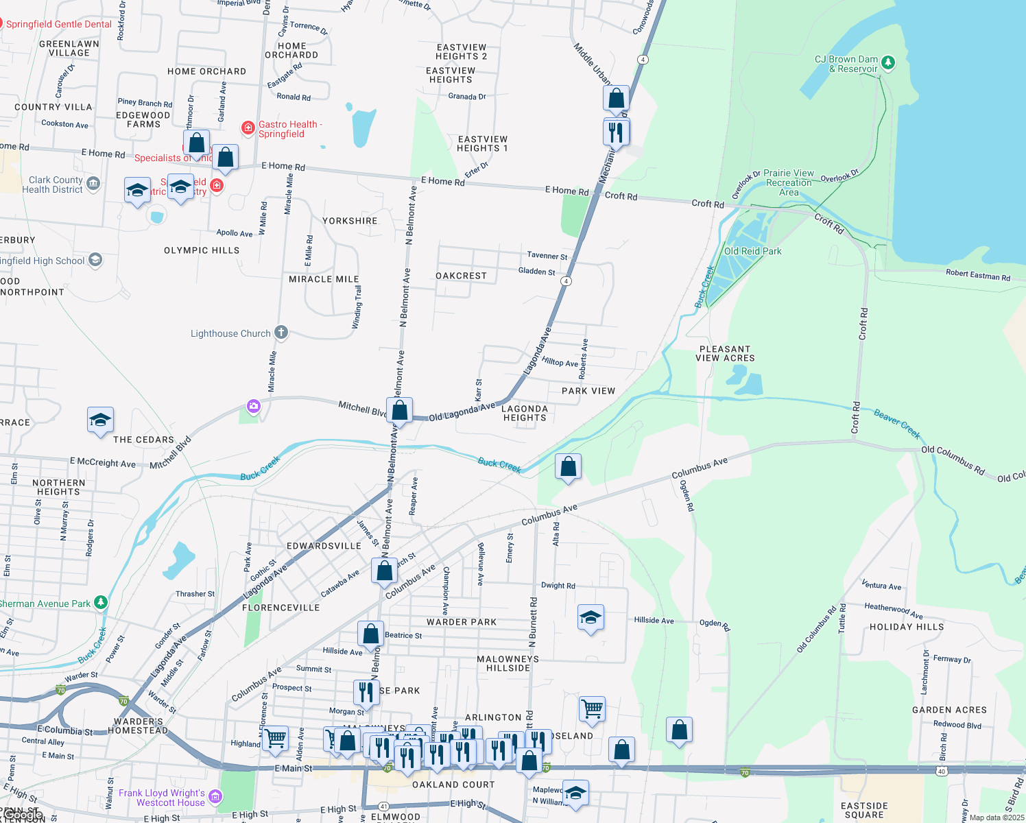 map of restaurants, bars, coffee shops, grocery stores, and more near 1511 Greenwood Ave in Springfield