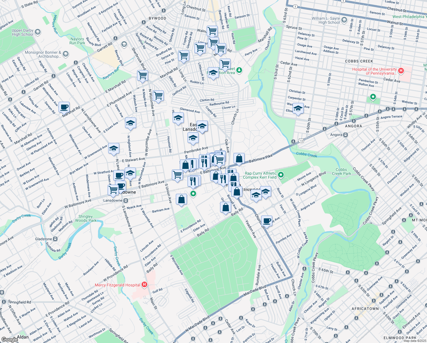 map of restaurants, bars, coffee shops, grocery stores, and more near 820 East Baltimore Avenue in Lansdowne