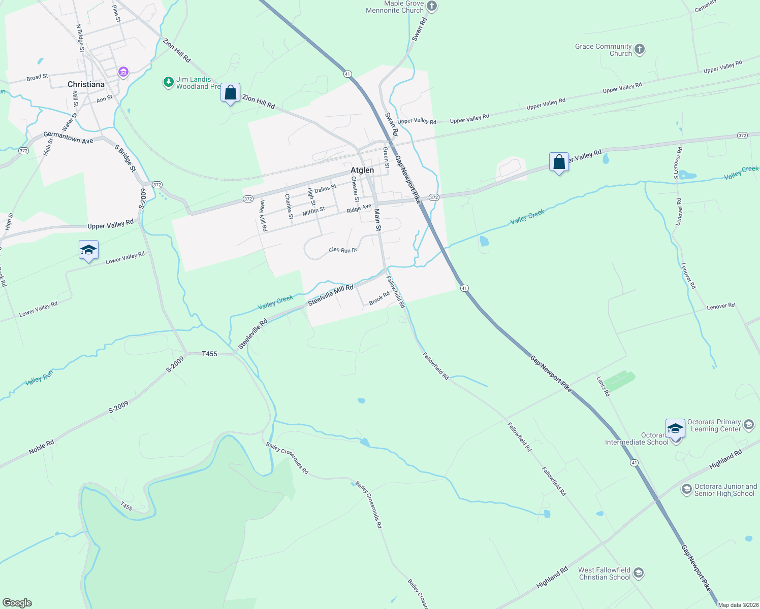 map of restaurants, bars, coffee shops, grocery stores, and more near 318 Brook Road in Atglen