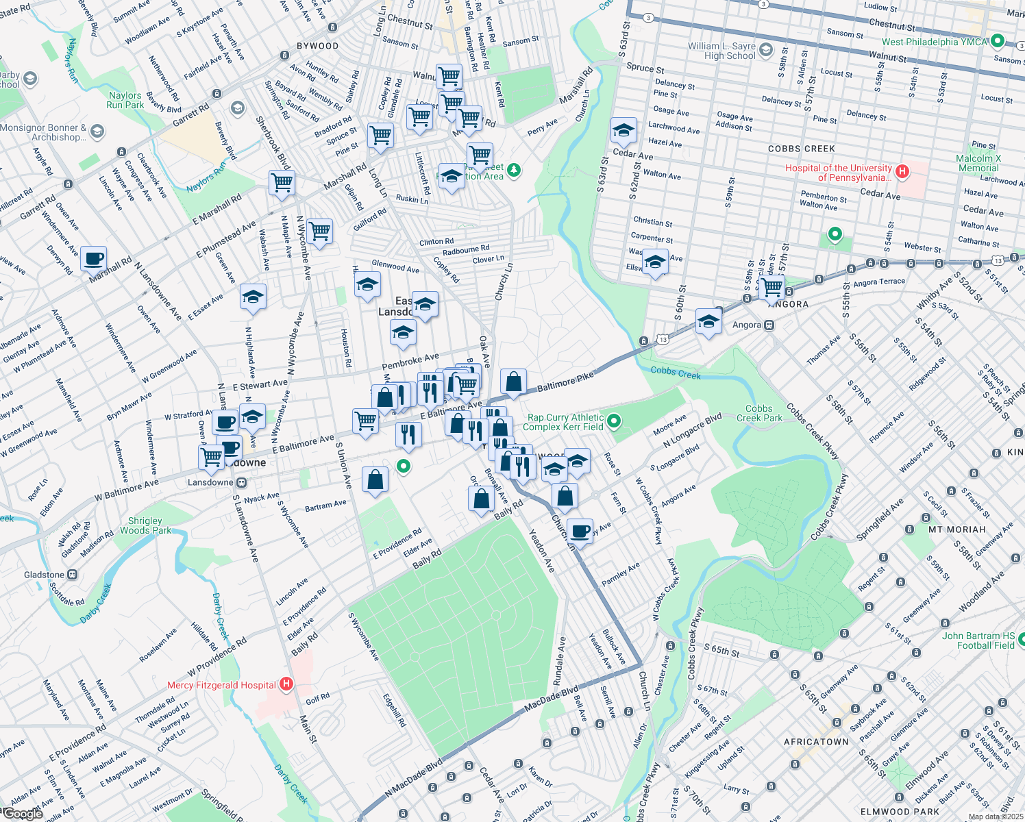 map of restaurants, bars, coffee shops, grocery stores, and more near 21 Oxford Avenue in Lansdowne