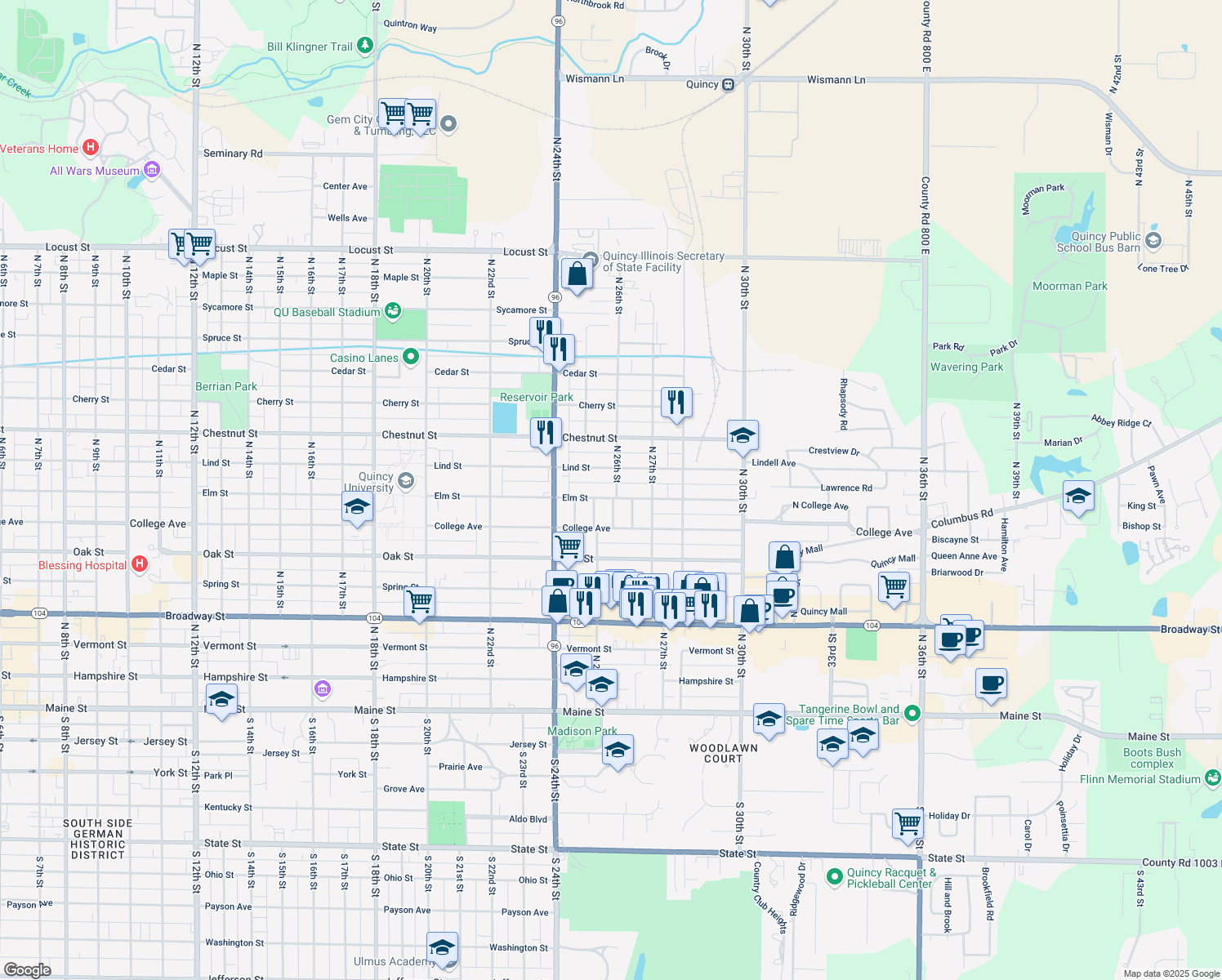 map of restaurants, bars, coffee shops, grocery stores, and more near 2533 Elm St in Quincy
