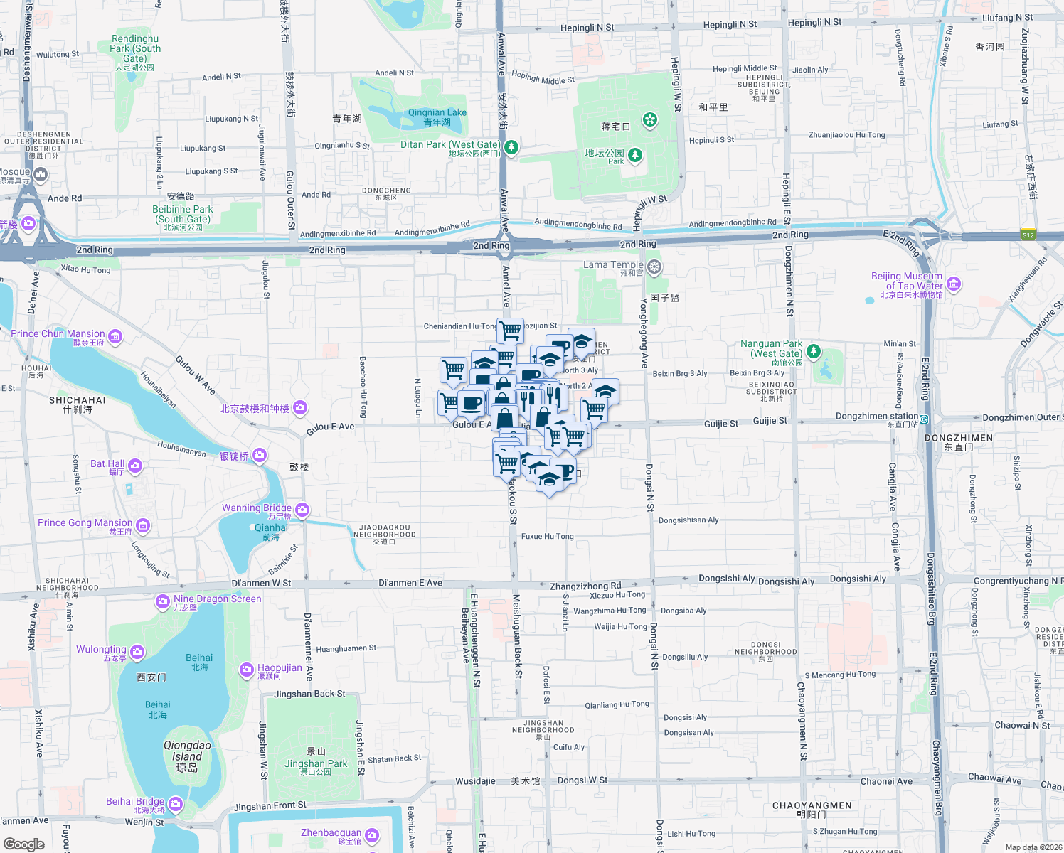 map of restaurants, bars, coffee shops, grocery stores, and more near 8号 Jiaodaokou East Street in Beijing