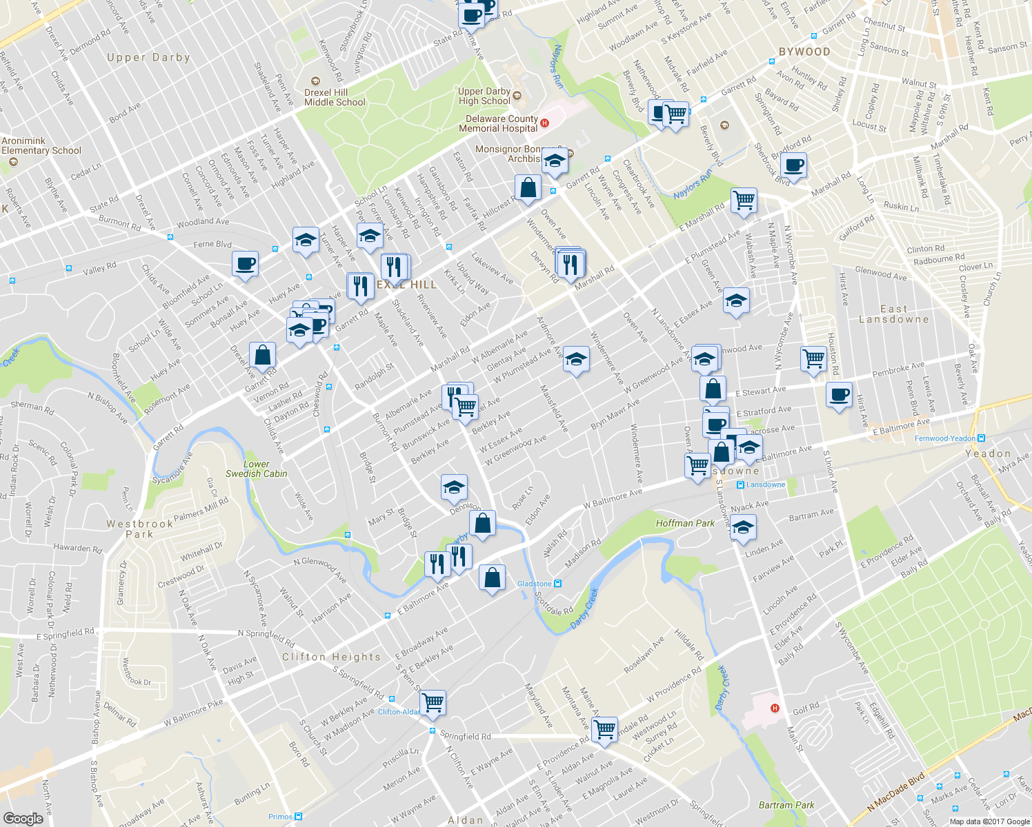 map of restaurants, bars, coffee shops, grocery stores, and more near 204 Berkley Avenue in Lansdowne