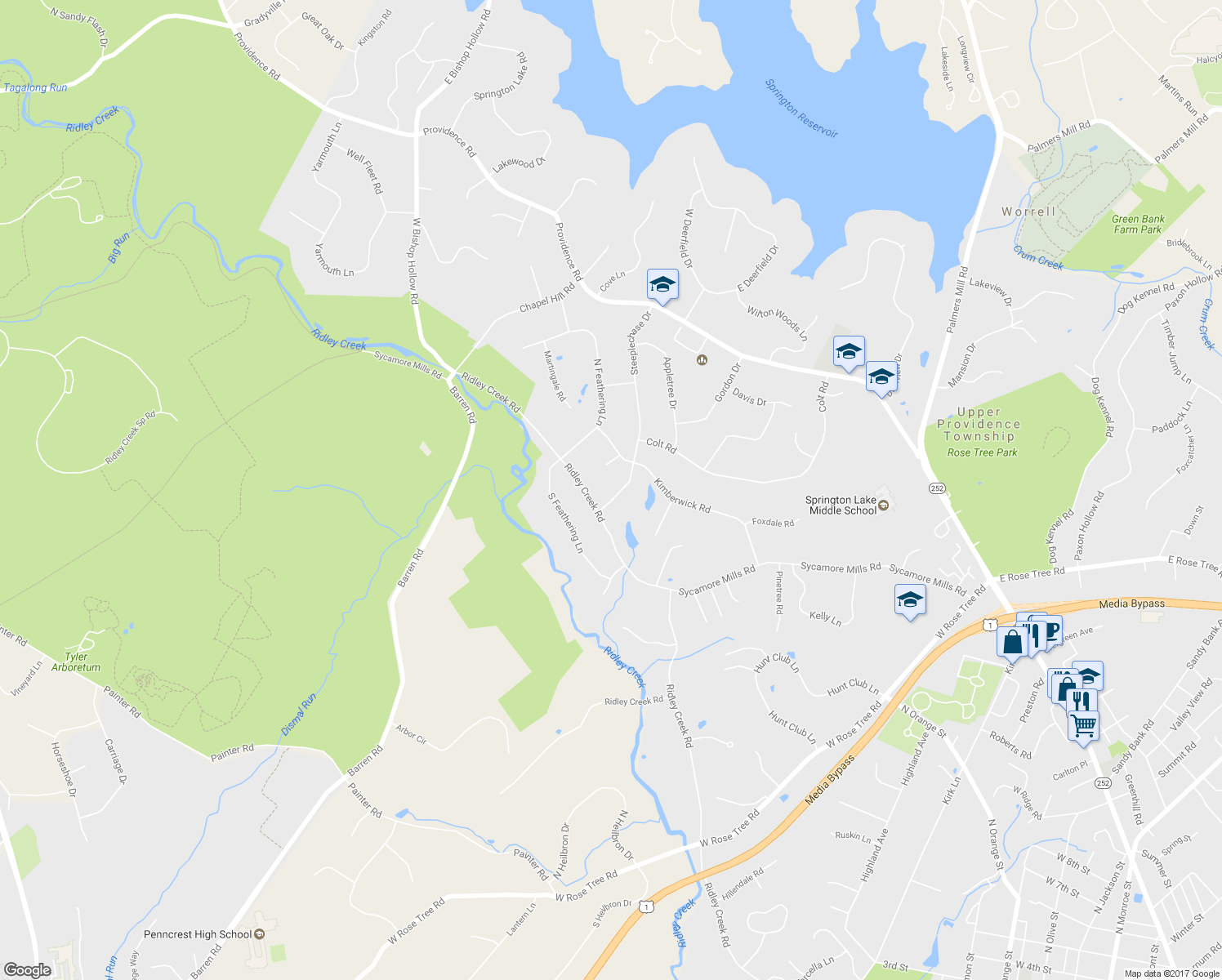 map of restaurants, bars, coffee shops, grocery stores, and more near 441 Steeplechase Drive in Media