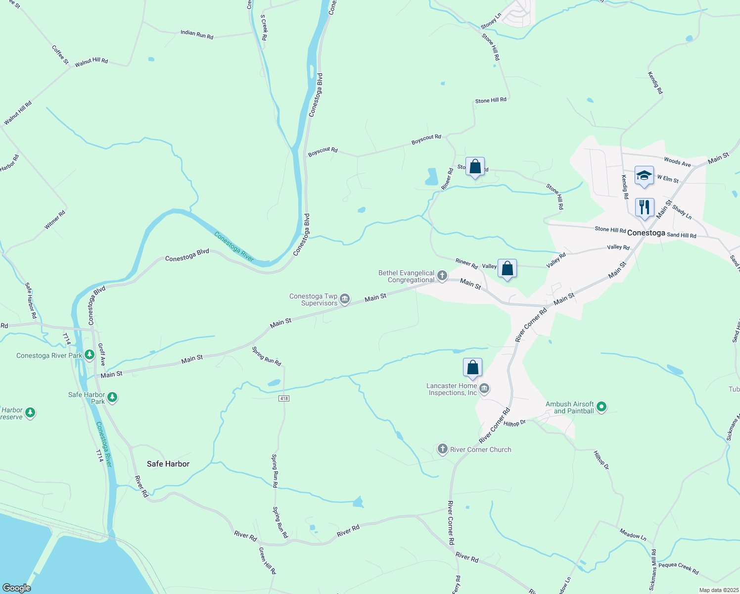map of restaurants, bars, coffee shops, grocery stores, and more near 3895 Main Street in Conestoga