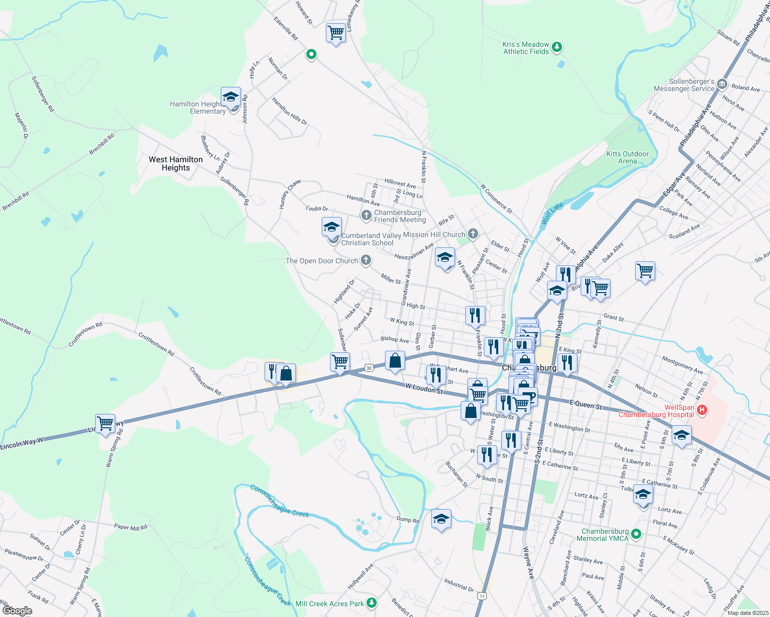map of restaurants, bars, coffee shops, grocery stores, and more near 211 Brookview Avenue in Chambersburg