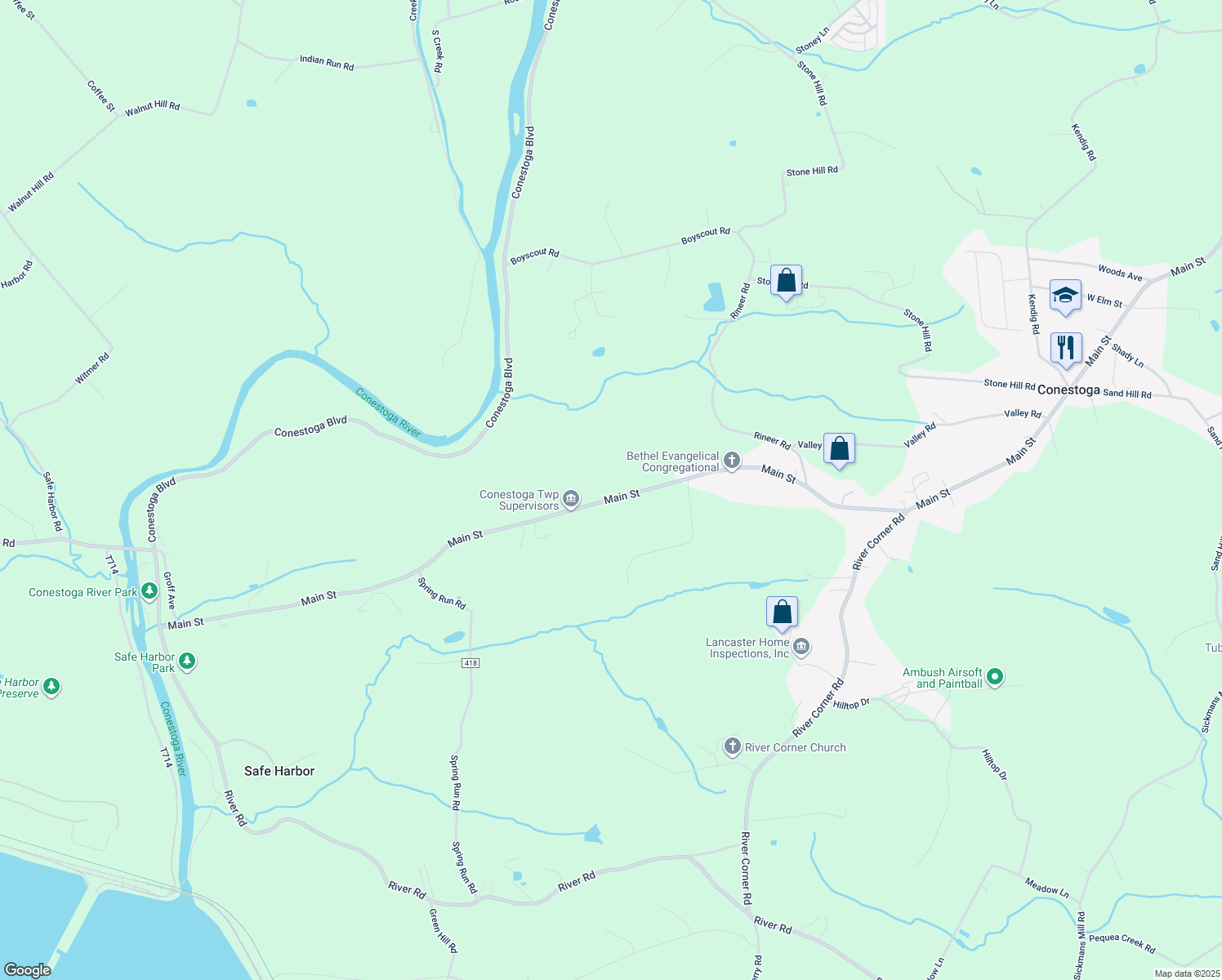 map of restaurants, bars, coffee shops, grocery stores, and more near 3895 Main Street in Conestoga