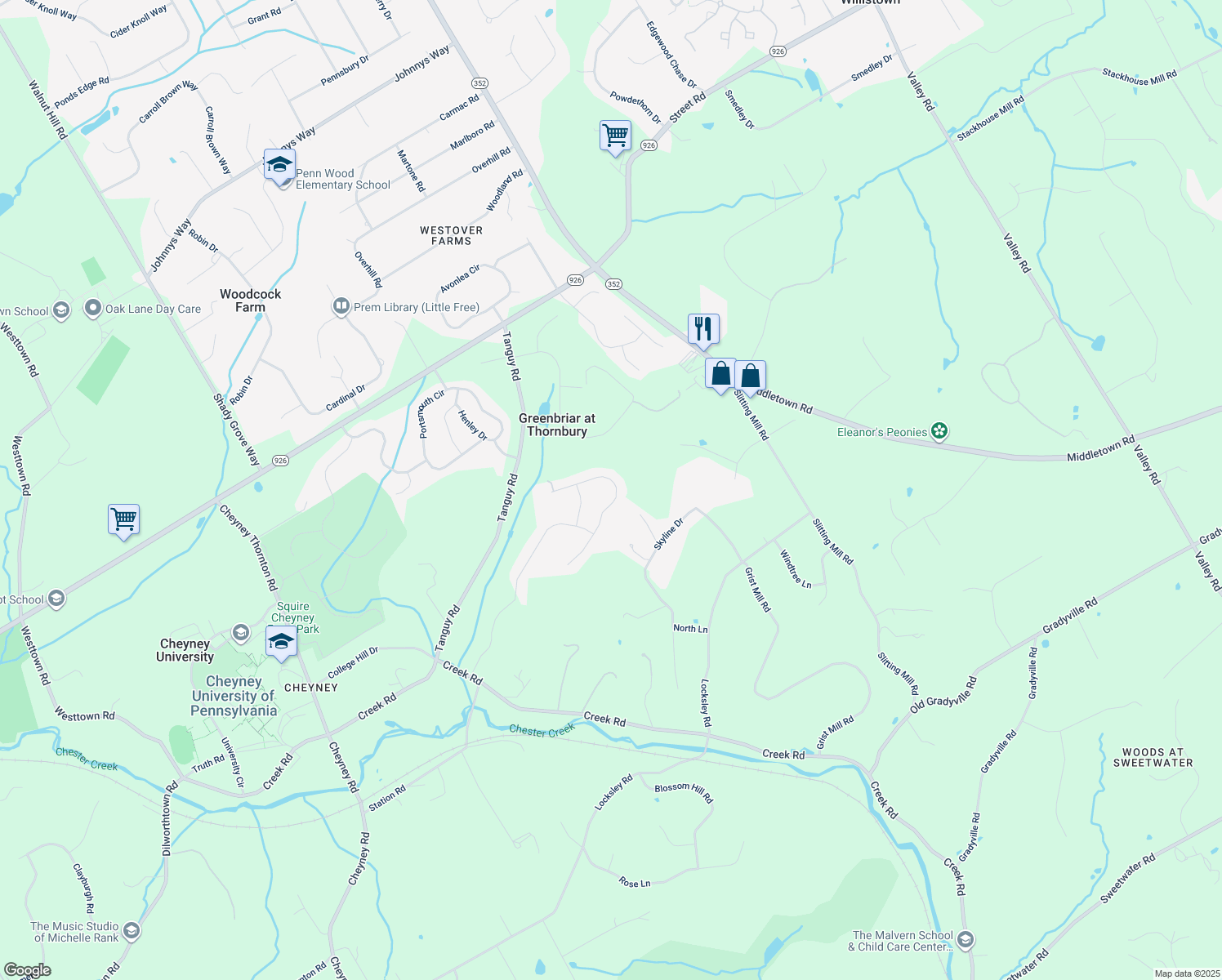 map of restaurants, bars, coffee shops, grocery stores, and more near 39 L'Enfant Court in Glen Mills