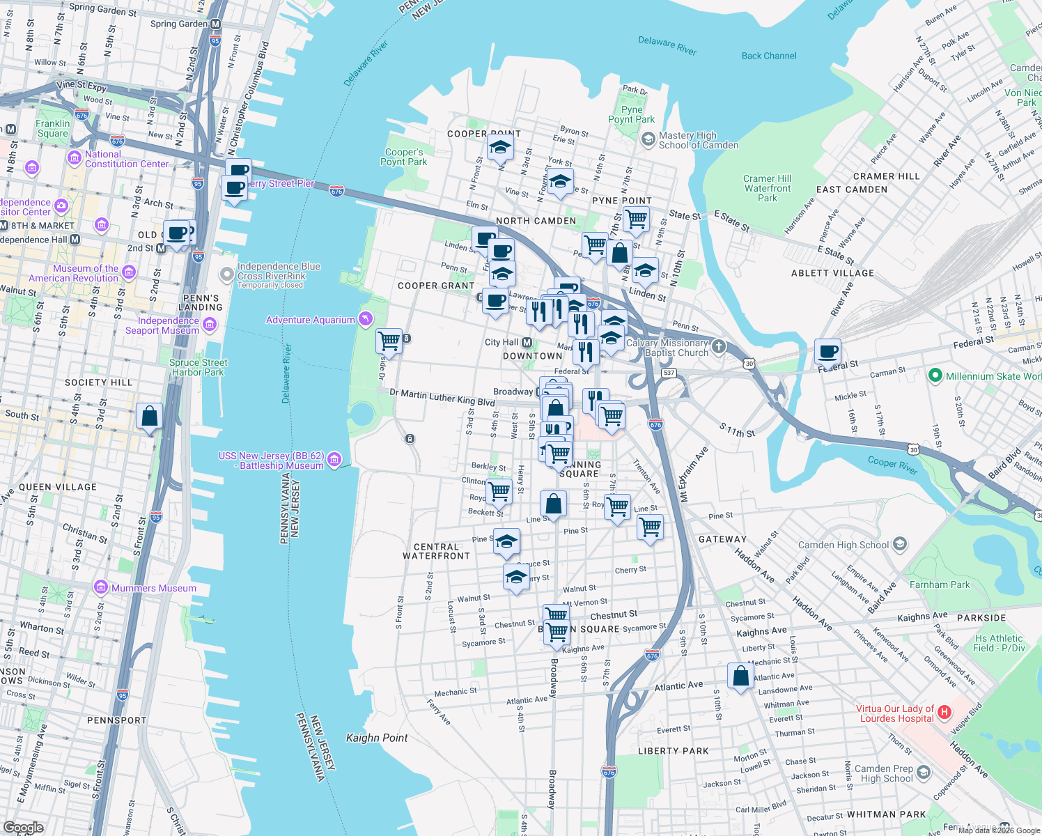 map of restaurants, bars, coffee shops, grocery stores, and more near 437 Stevens Street in Camden