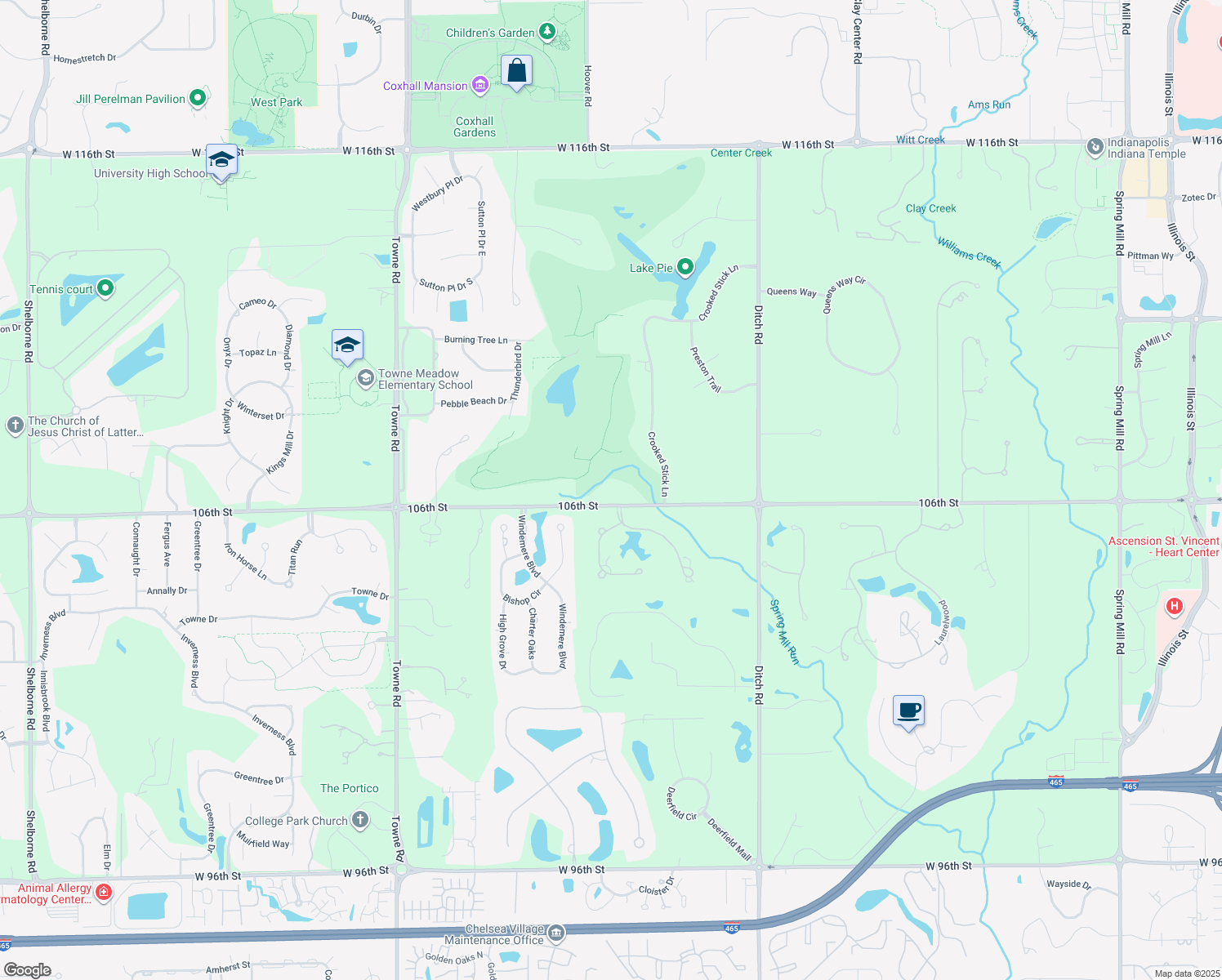 map of restaurants, bars, coffee shops, grocery stores, and more near 1700 West 106th Street in Carmel
