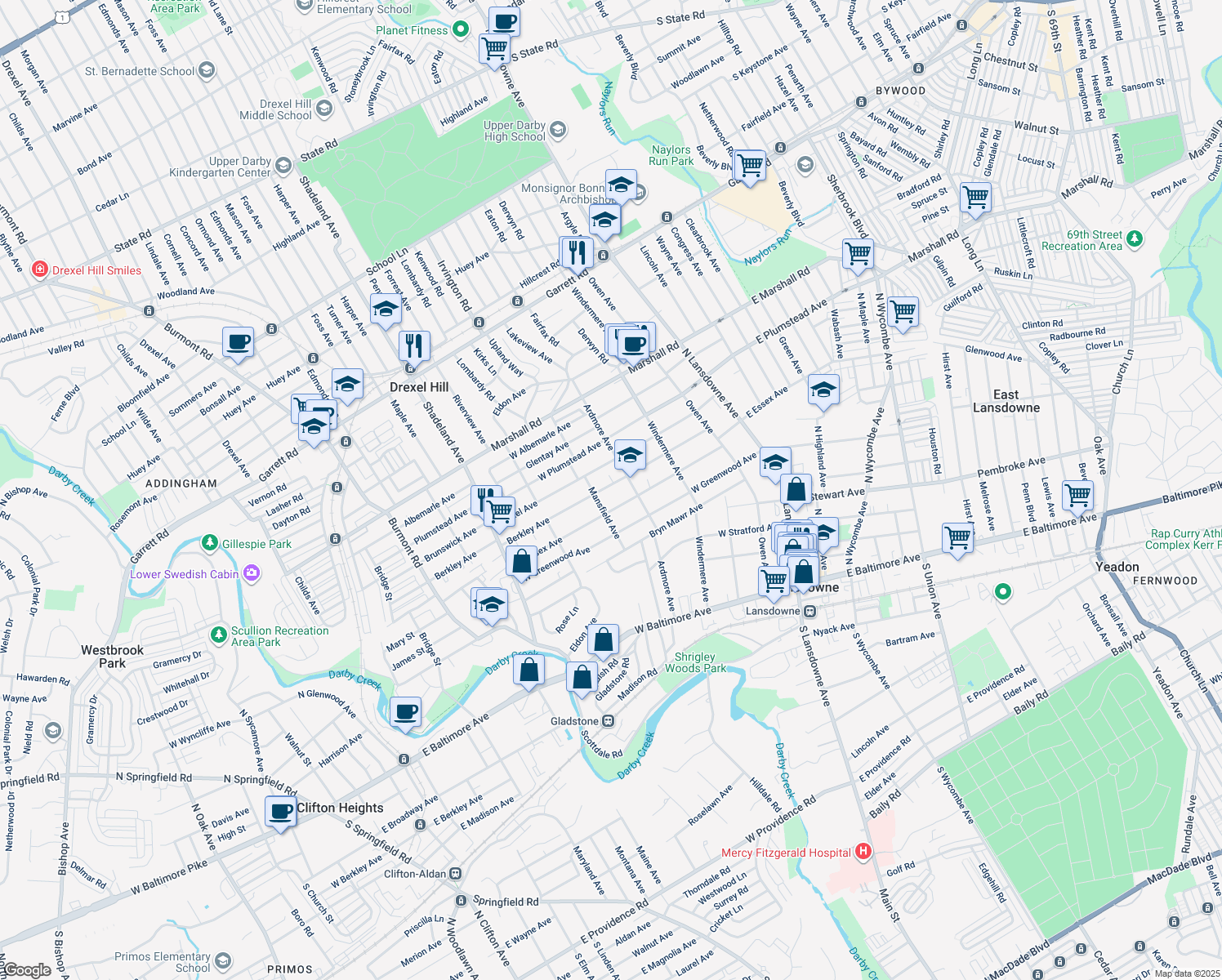 map of restaurants, bars, coffee shops, grocery stores, and more near 206 Berkley Avenue in Lansdowne