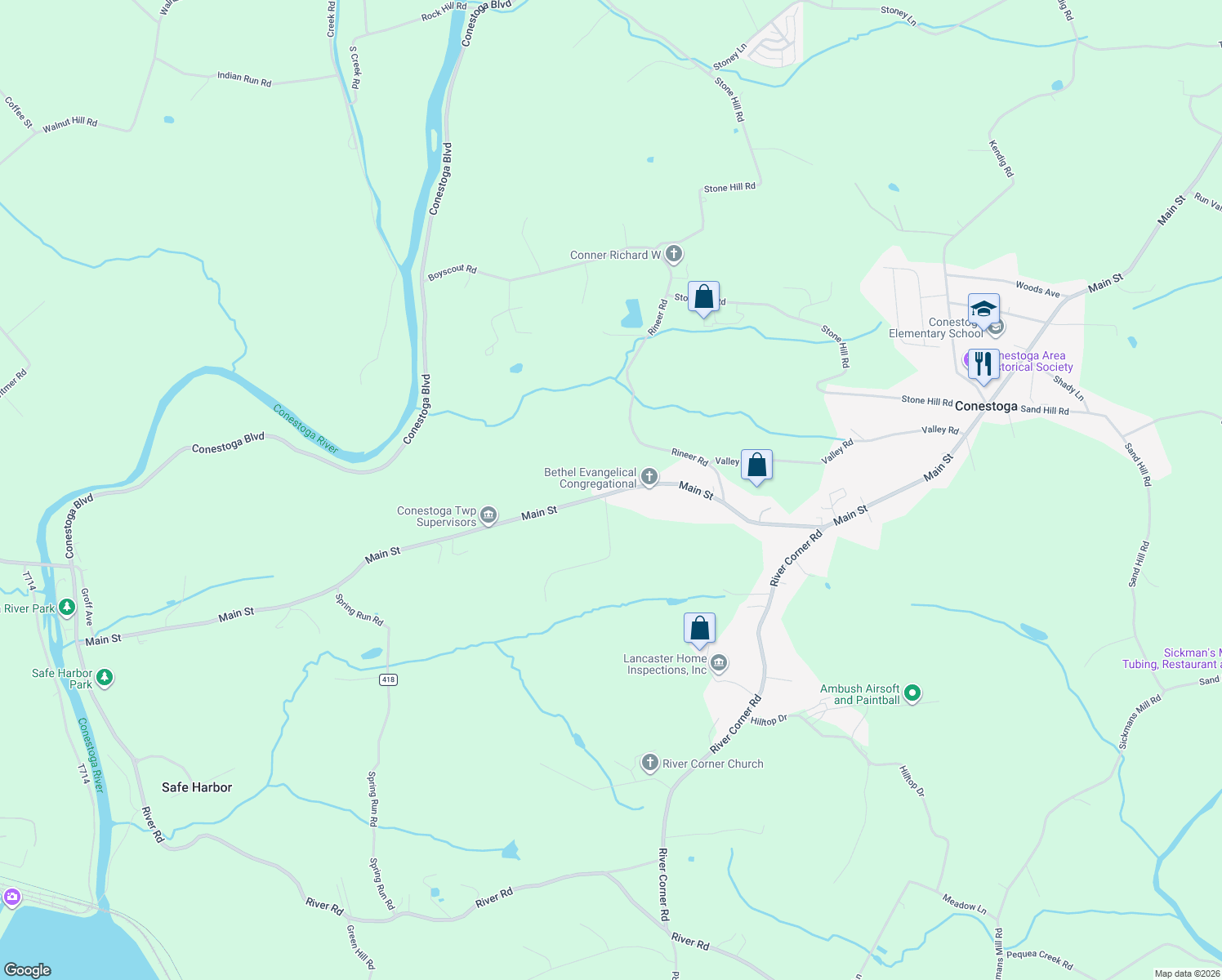 map of restaurants, bars, coffee shops, grocery stores, and more near 3775 Main Street in Conestoga