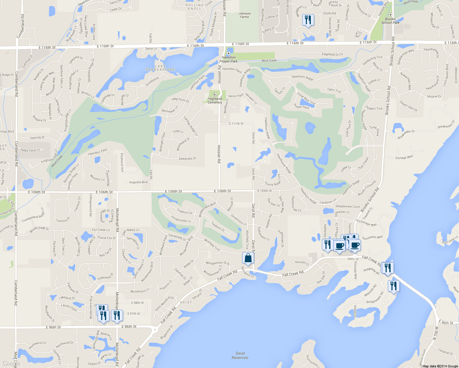 map of restaurants, bars, coffee shops, grocery stores, and more near 11354 E 106th St in Fishers