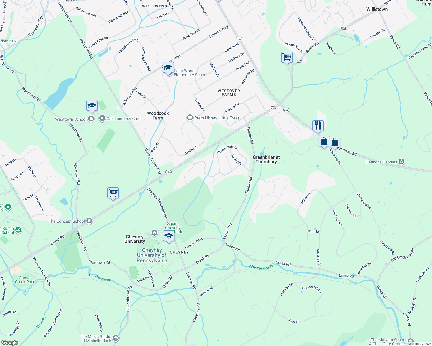 map of restaurants, bars, coffee shops, grocery stores, and more near 78 Wharton Drive in Glen Mills