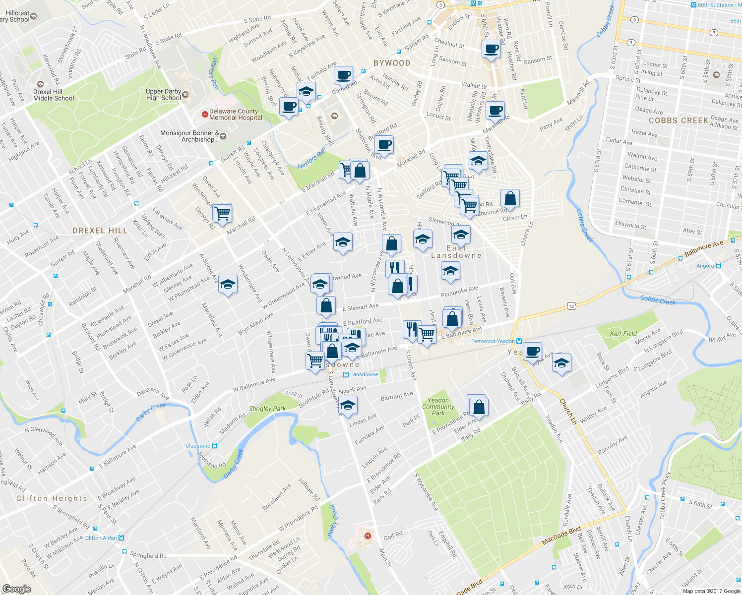 map of restaurants, bars, coffee shops, grocery stores, and more near 100 North Wycombe Avenue in Lansdowne