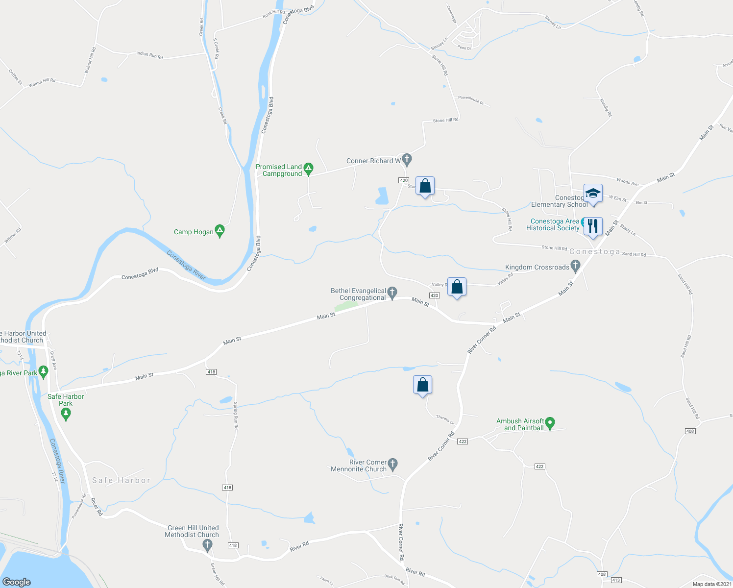 map of restaurants, bars, coffee shops, grocery stores, and more near 3775 Main Street in Conestoga
