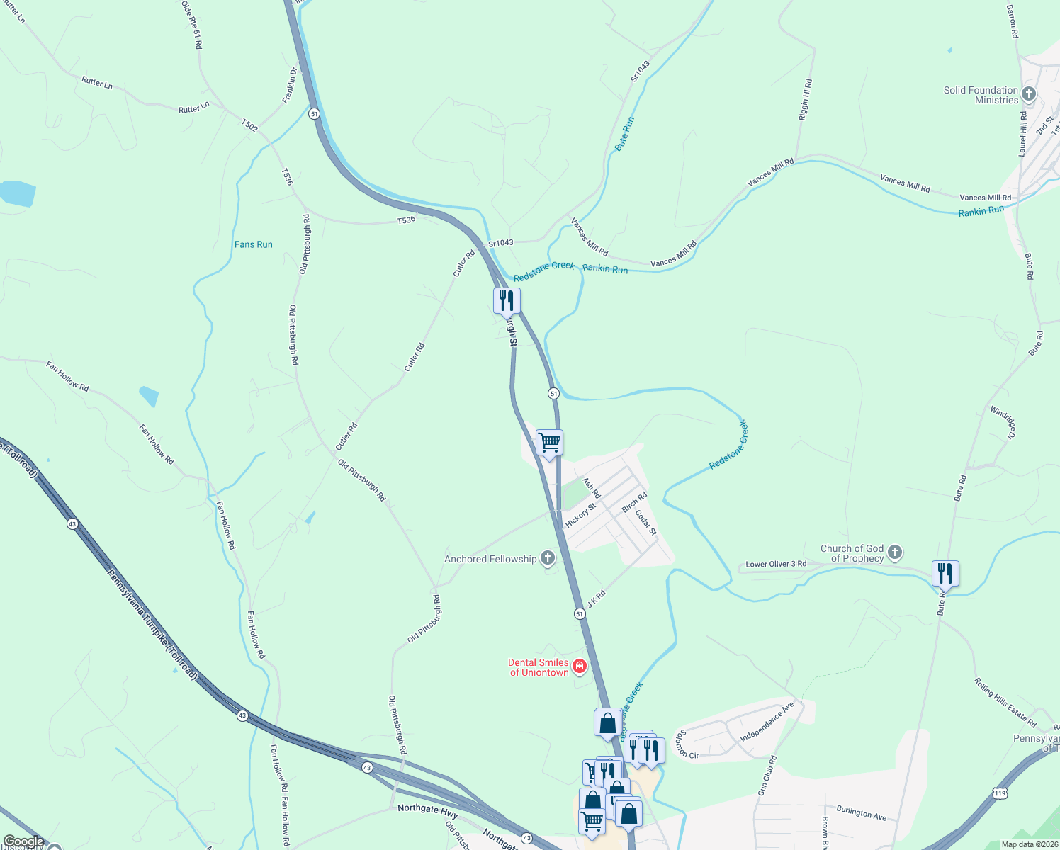 map of restaurants, bars, coffee shops, grocery stores, and more near 1186 Pittsburgh Rd in Uniontown