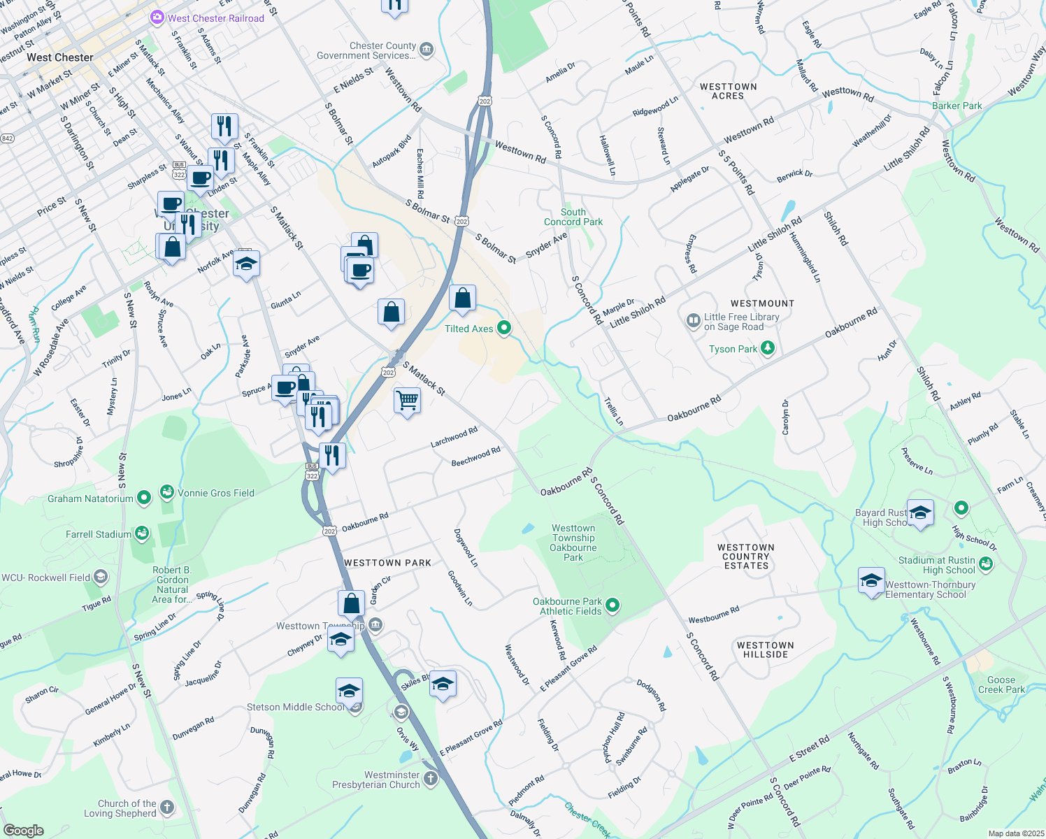 map of restaurants, bars, coffee shops, grocery stores, and more near 1571 South Coventry Lane in West Chester