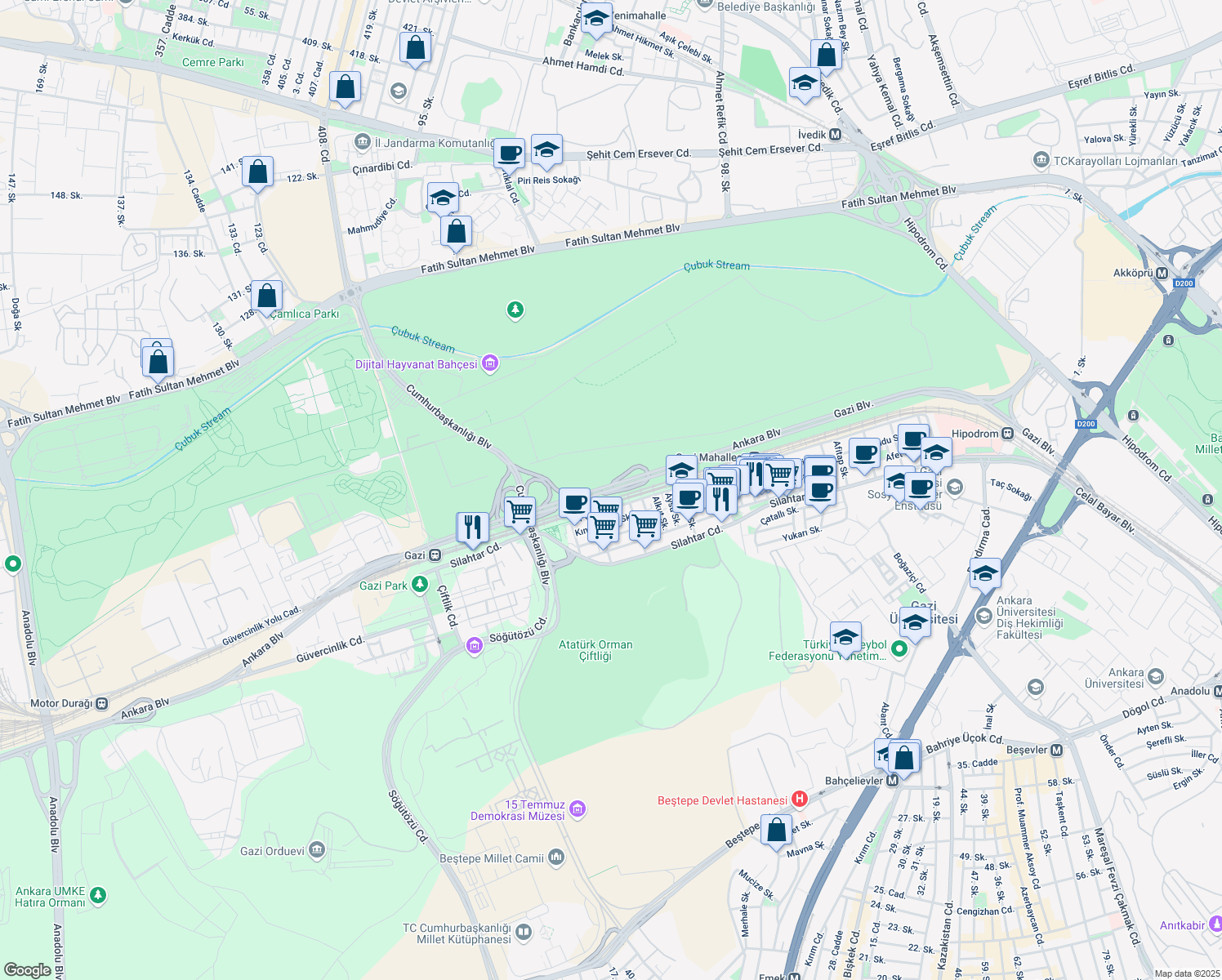 map of restaurants, bars, coffee shops, grocery stores, and more near Ankara Bulvarı in Yenimahalle