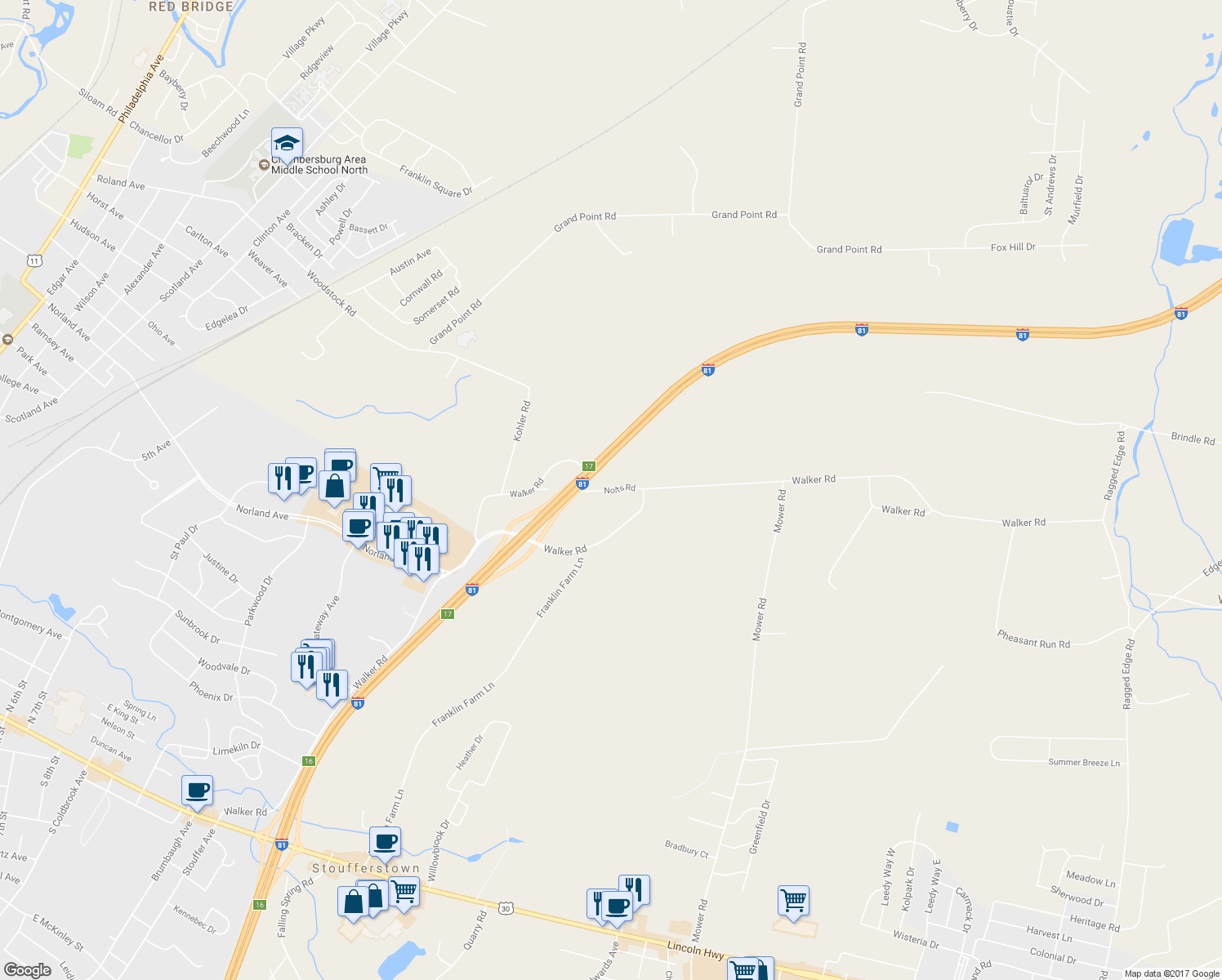 map of restaurants, bars, coffee shops, grocery stores, and more near 1376 Nolts Road in Chambersburg