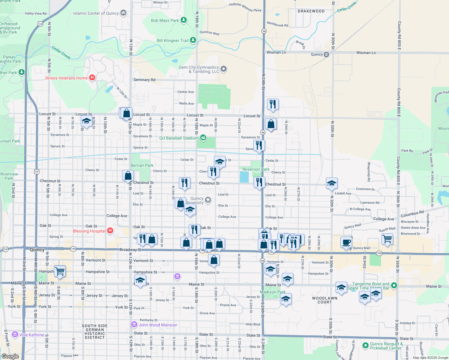 map of restaurants, bars, coffee shops, grocery stores, and more near 2025 Chestnut Street in Quincy