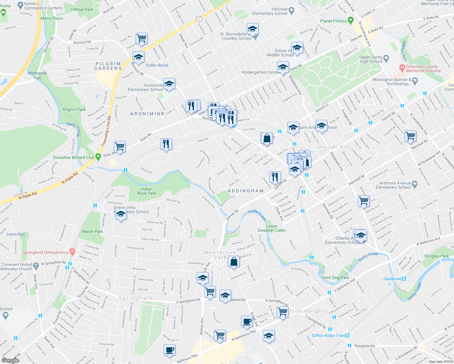 map of restaurants, bars, coffee shops, grocery stores, and more near 507 Alexander Avenue in Drexel Hill
