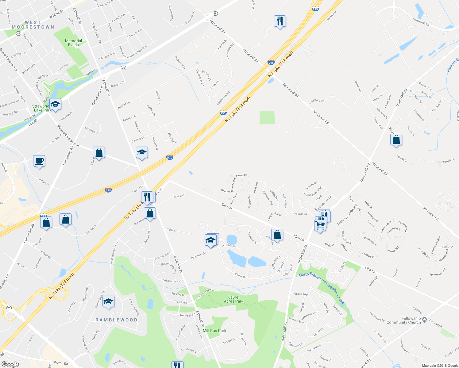 map of restaurants, bars, coffee shops, grocery stores, and more near 2604 Stokes Road in Mount Laurel