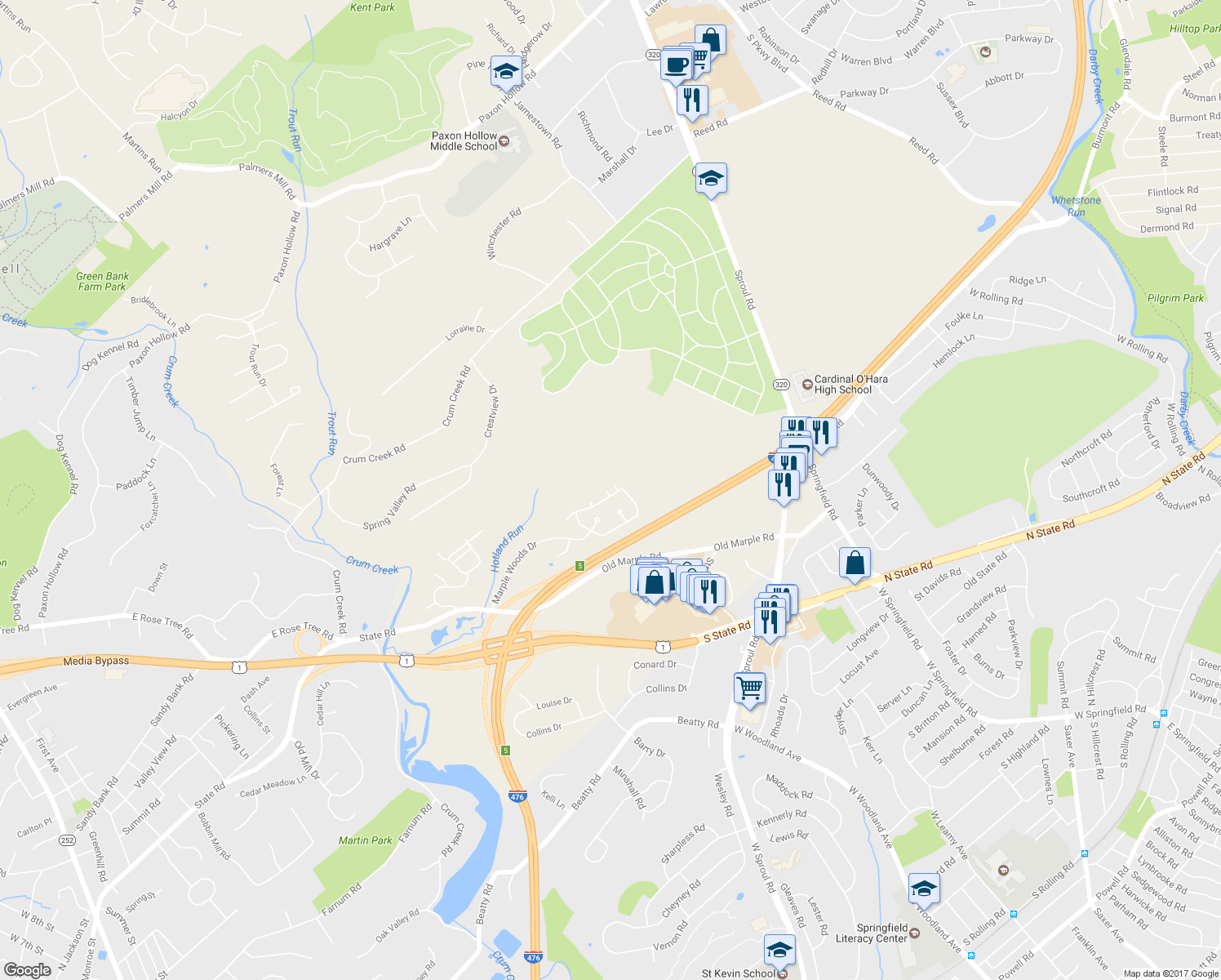 map of restaurants, bars, coffee shops, grocery stores, and more near 3402 Embarcadero Court in Springfield