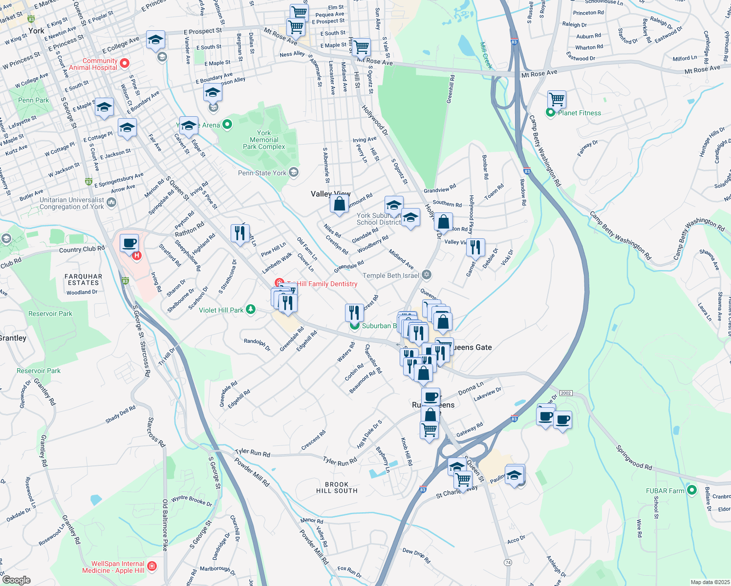 map of restaurants, bars, coffee shops, grocery stores, and more near 1847 Chesley Road in York