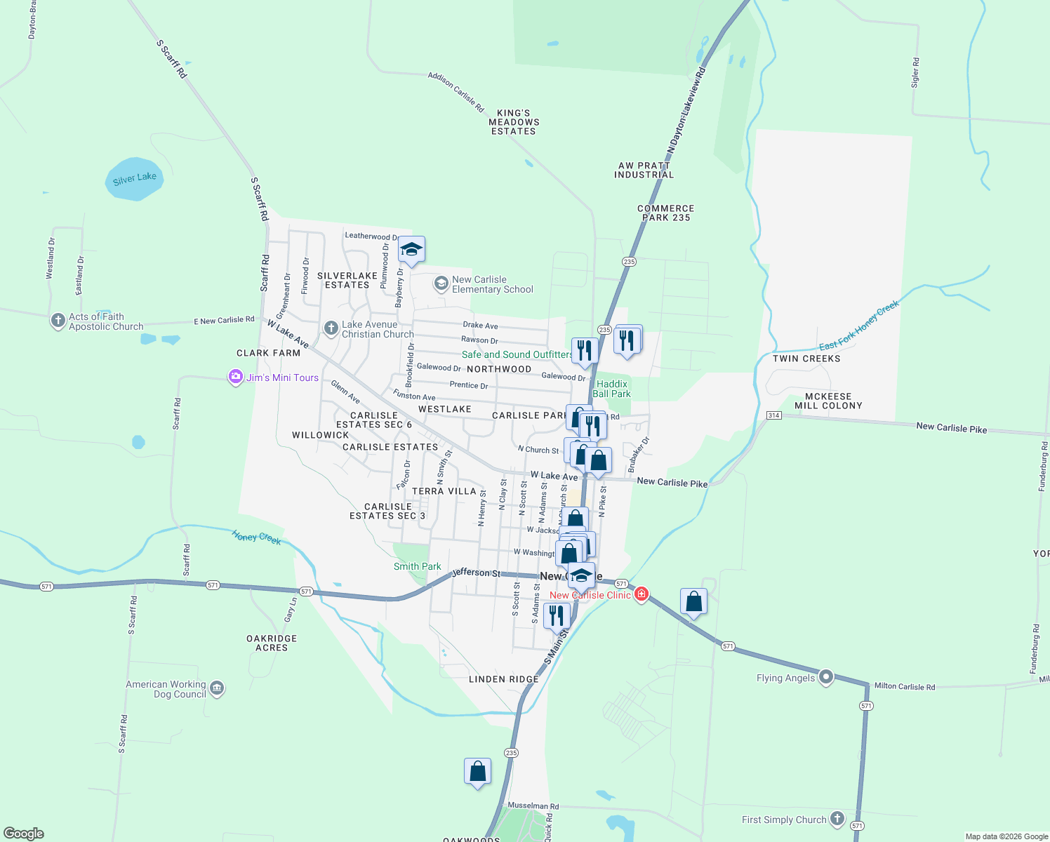 map of restaurants, bars, coffee shops, grocery stores, and more near 511 Scott Circle in New Carlisle