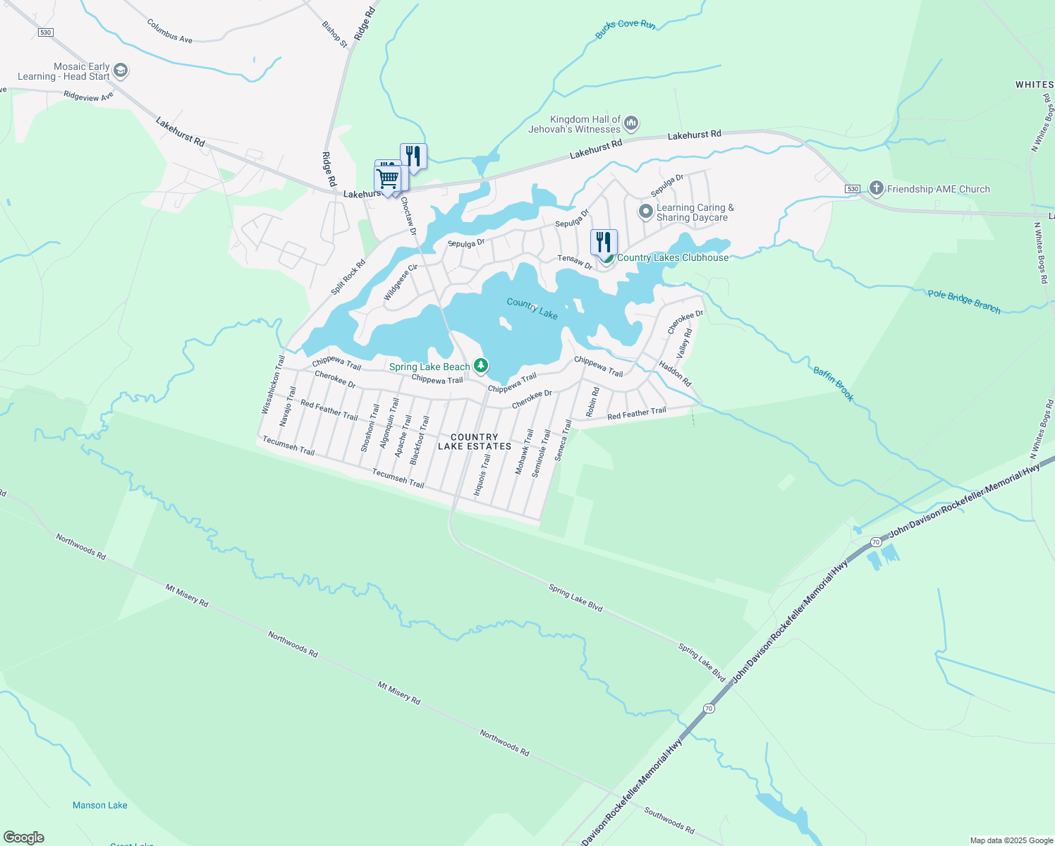 map of restaurants, bars, coffee shops, grocery stores, and more near 206 Mohawk Trail in Pemberton Township