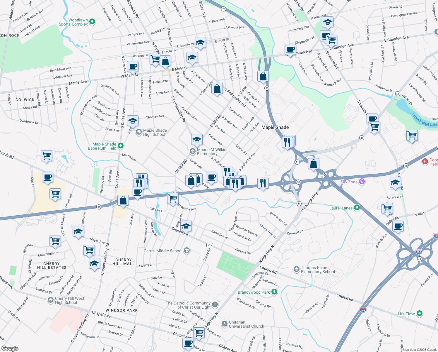 map of restaurants, bars, coffee shops, grocery stores, and more near 623 Cutler Ave in Maple Shade