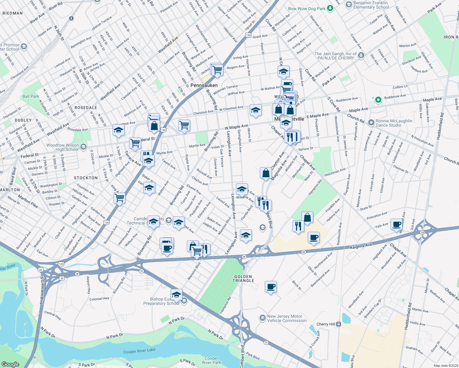 map of restaurants, bars, coffee shops, grocery stores, and more near 4903 Lexington Avenue in Pennsauken Township