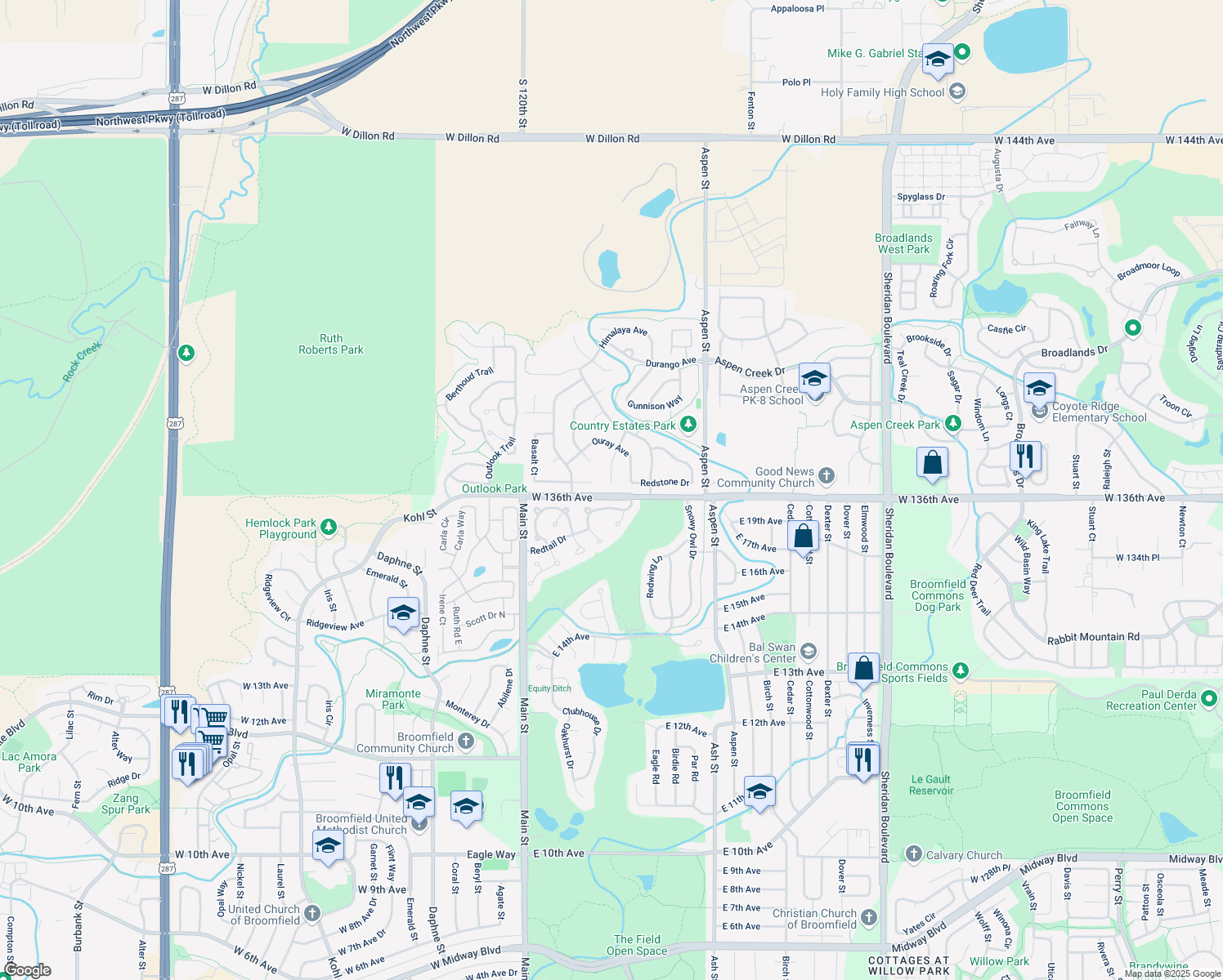 map of restaurants, bars, coffee shops, grocery stores, and more near 13610 Fall Creek Circle in Broomfield