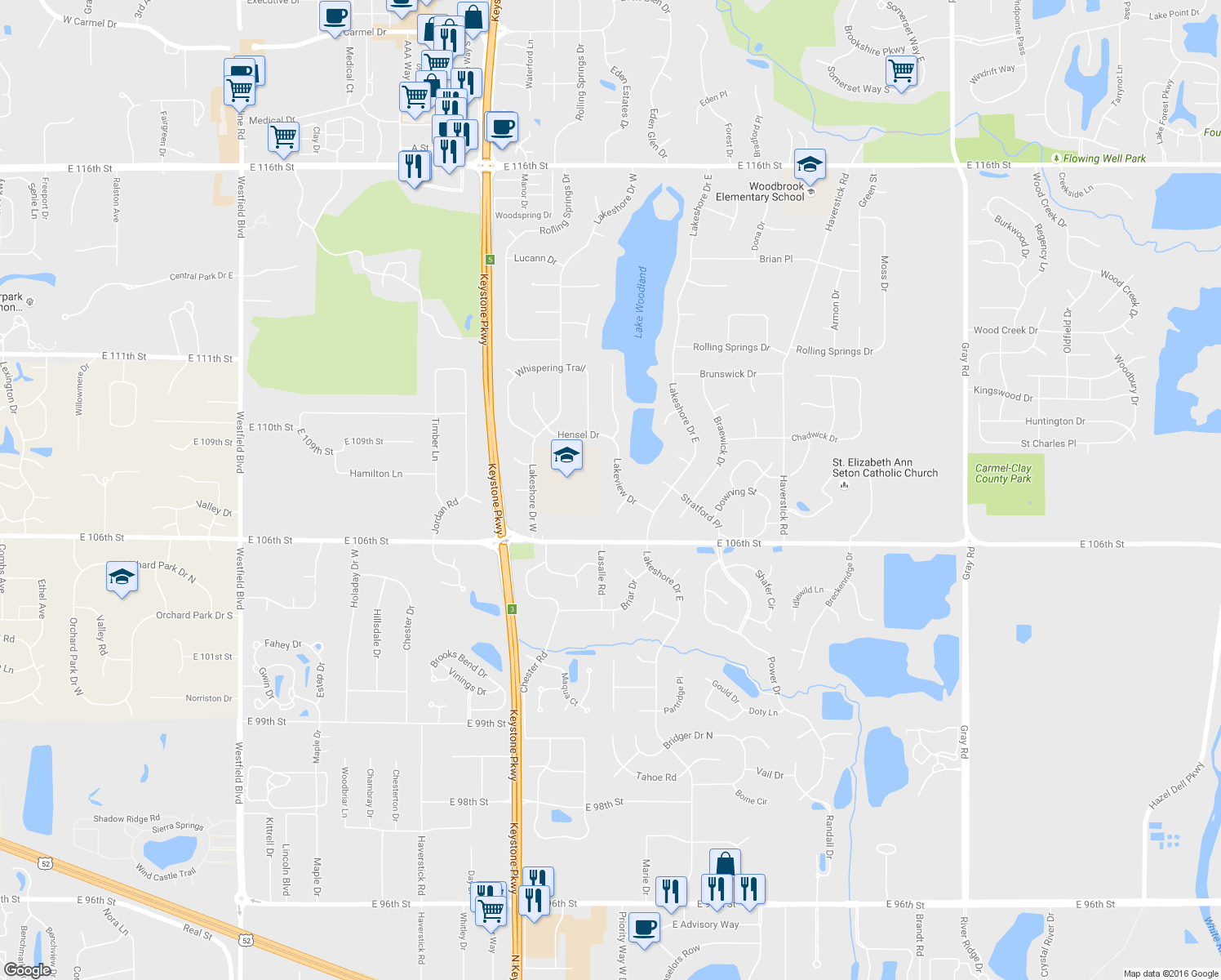 map of restaurants, bars, coffee shops, grocery stores, and more near 10708 Lakeview Drive in Carmel