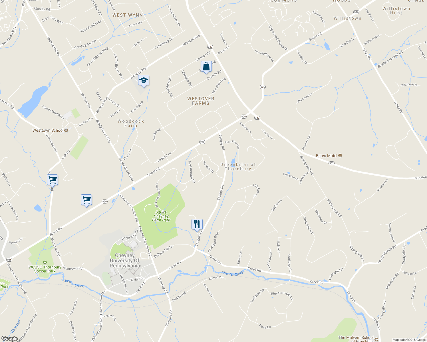 map of restaurants, bars, coffee shops, grocery stores, and more near 125 Portsmouth Circle in Glen Mills