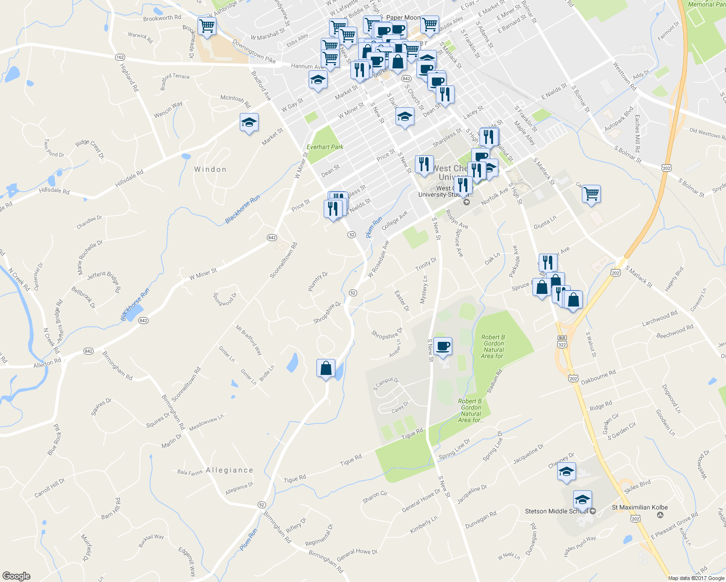 map of restaurants, bars, coffee shops, grocery stores, and more near 517 Raspberry Lane in West Chester