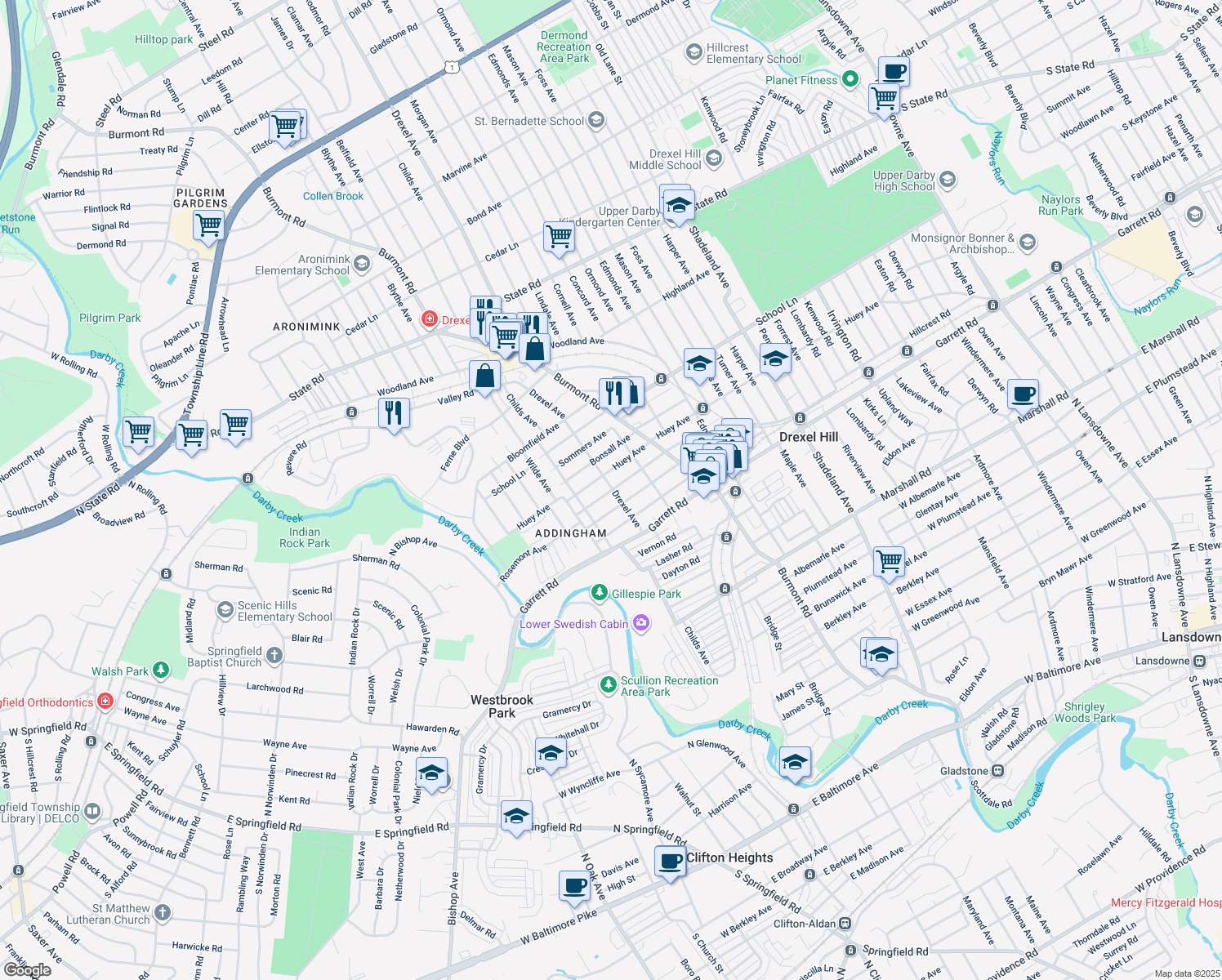 map of restaurants, bars, coffee shops, grocery stores, and more near 4102 Taylor Ave in Drexel Hill