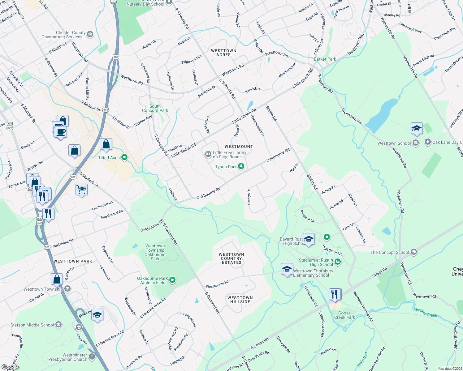 map of restaurants, bars, coffee shops, grocery stores, and more near 1003 Sage Road in West Chester