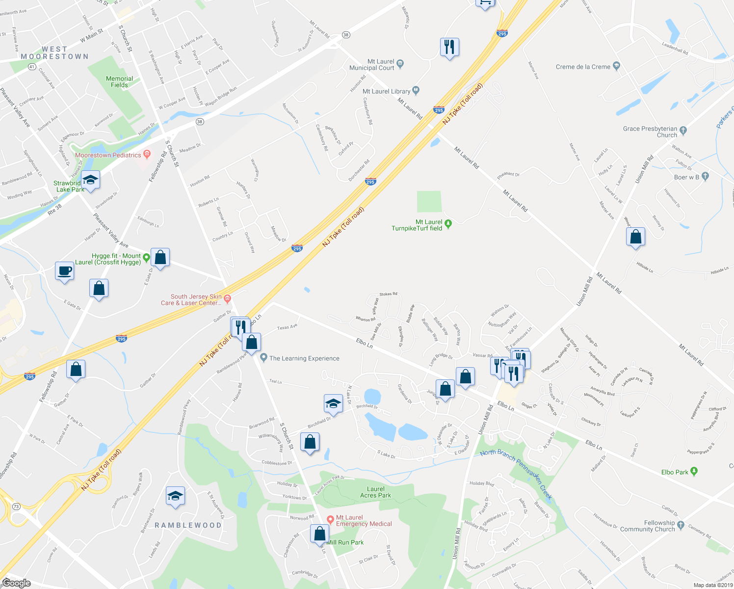 map of restaurants, bars, coffee shops, grocery stores, and more near 2408-2604 Stokes Road in Mount Laurel