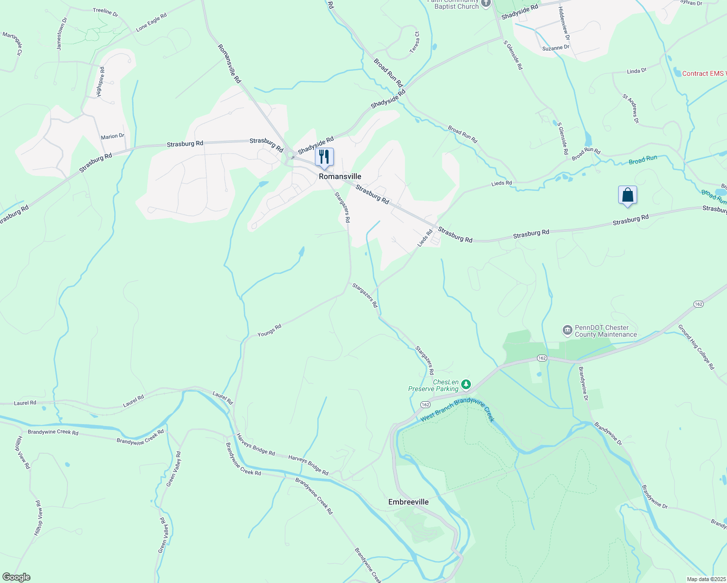 map of restaurants, bars, coffee shops, grocery stores, and more near Stargazer Road in Coatesville