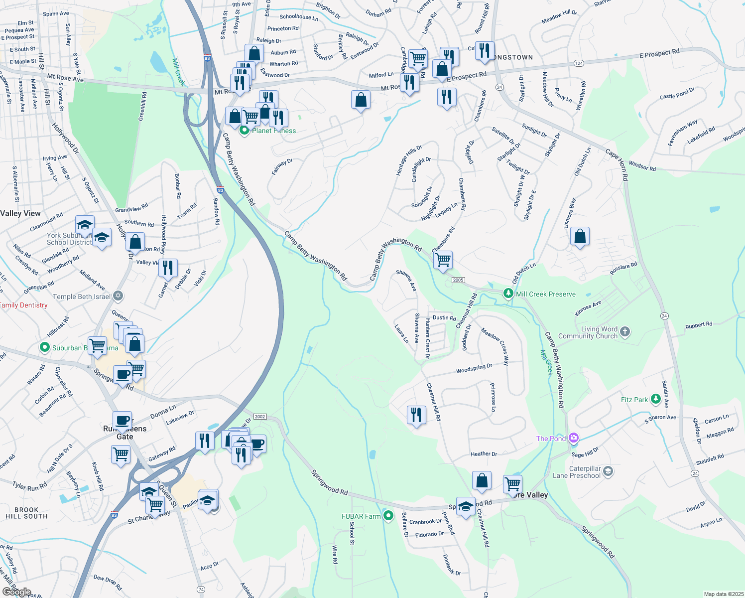 map of restaurants, bars, coffee shops, grocery stores, and more near 32 Maggie Circle in York