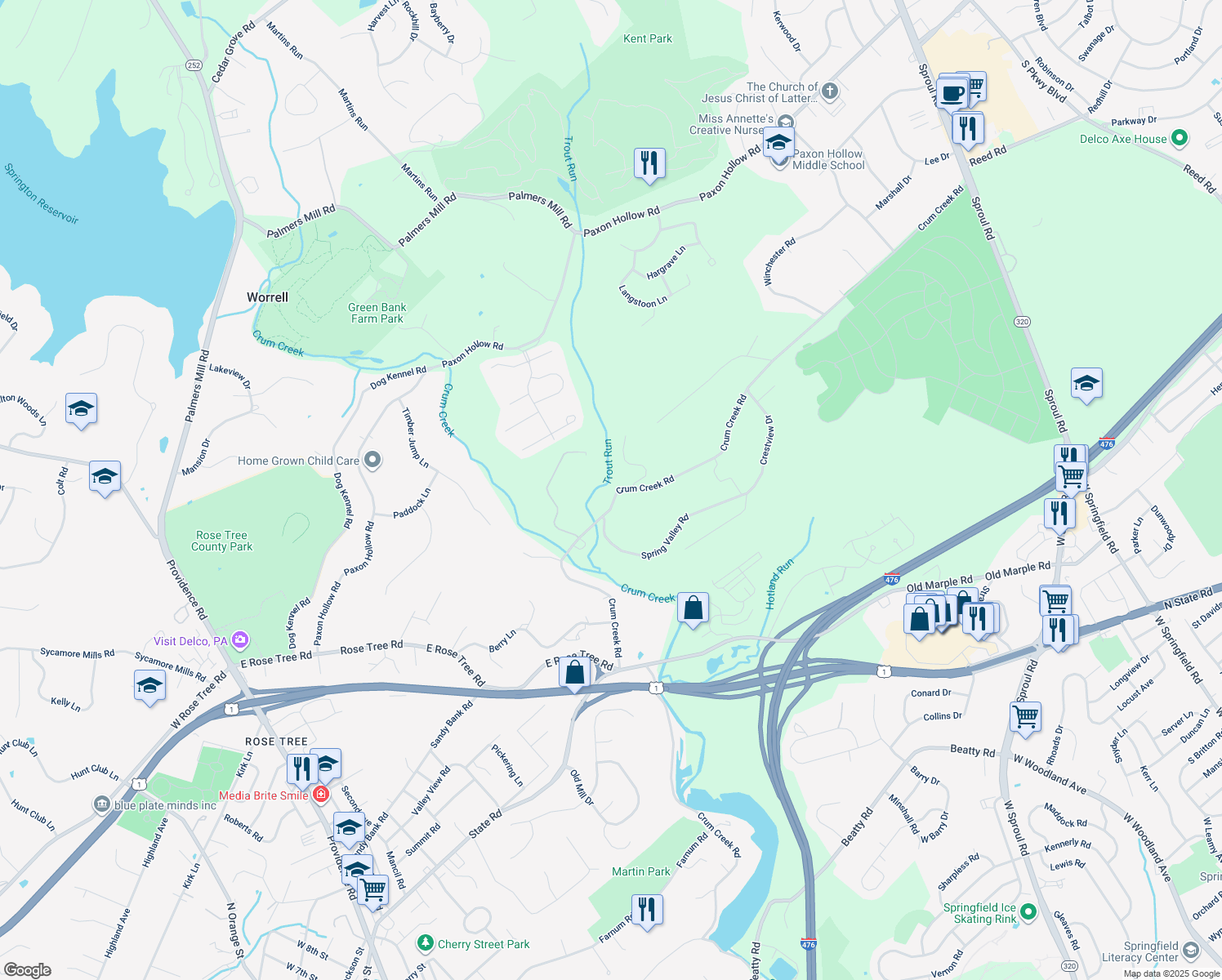 map of restaurants, bars, coffee shops, grocery stores, and more near 860 Crum Creek Road in Springfield