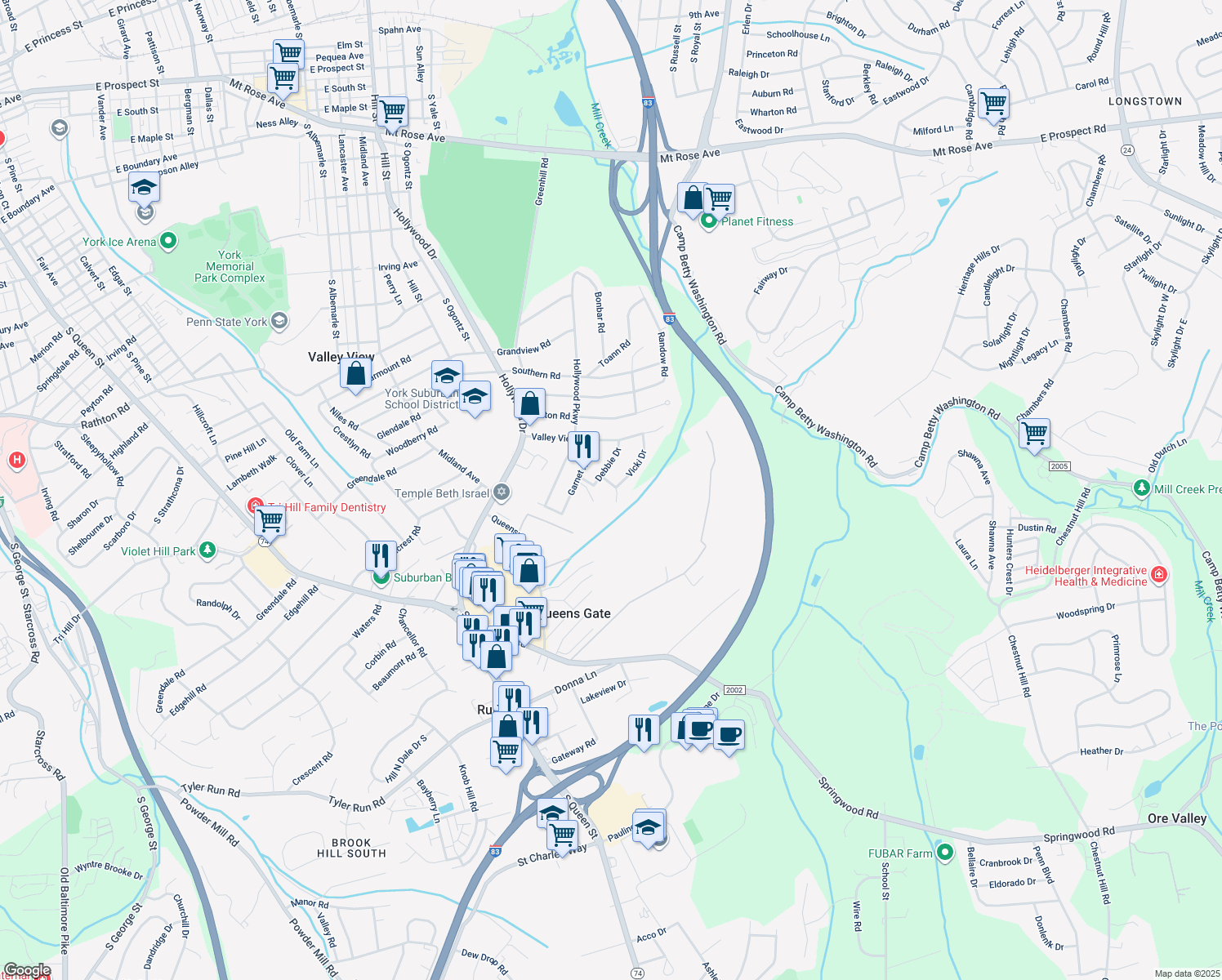 map of restaurants, bars, coffee shops, grocery stores, and more near 1260 Leafydale Drive in York